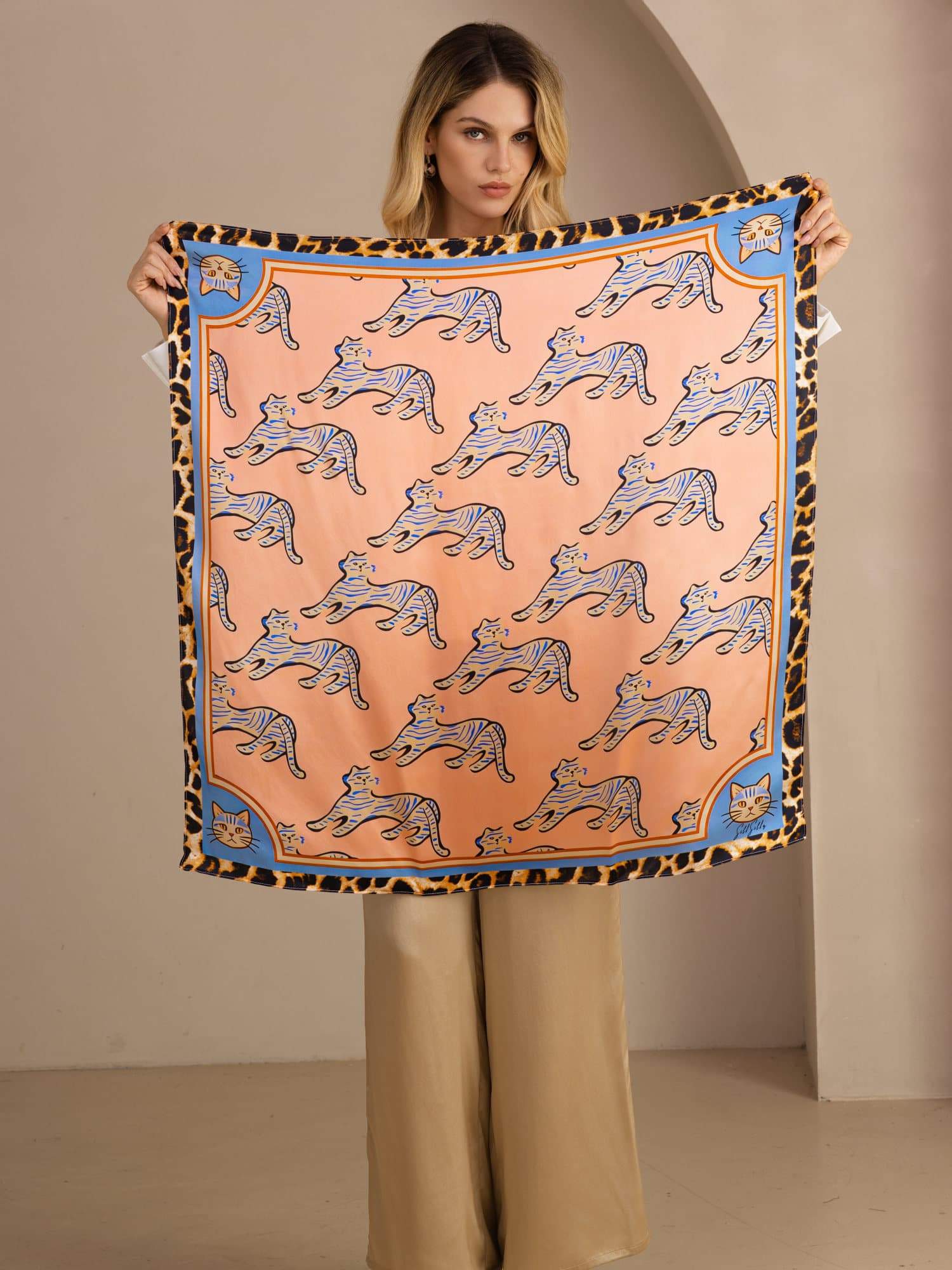 100% Mulberry Silk Cat Pattern Scarf - Size 90x90cm - Image 3