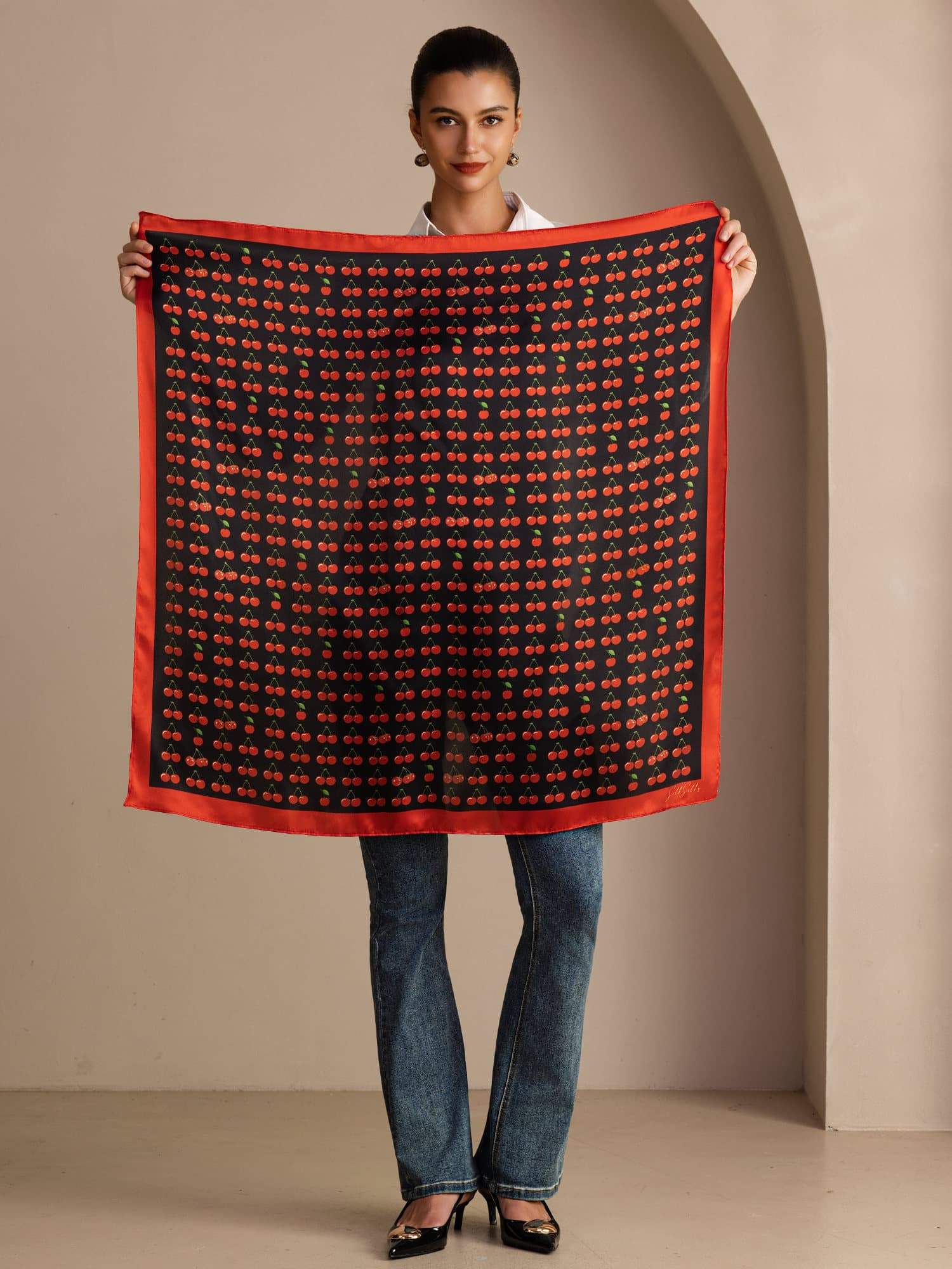 100% Mulberry Silk Cherry Pattern Scarf - Size 90x90cm - Image 3