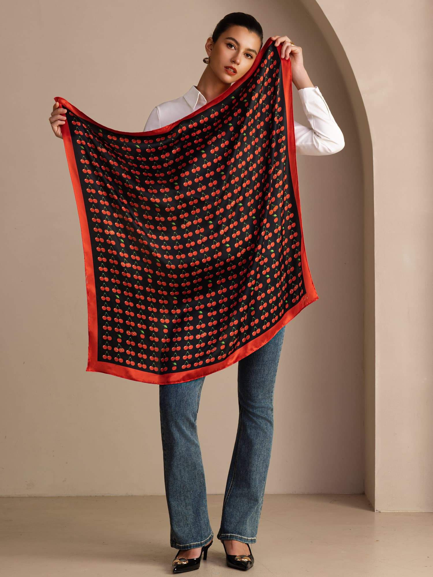 100% Mulberry Silk Cherry Pattern Scarf - Size 90x90cm - Image 4