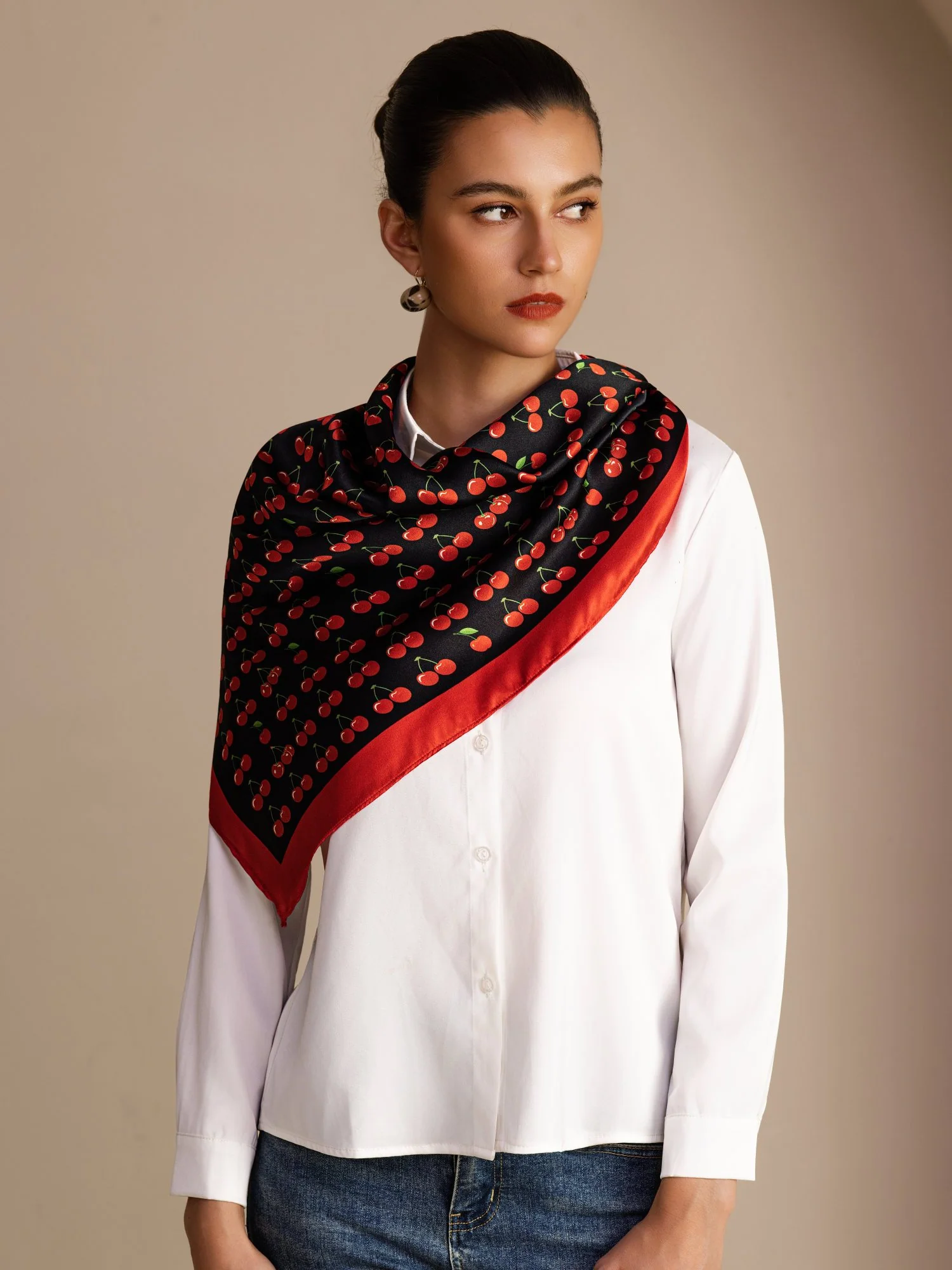 100% Mulberry Silk Cherry Pattern Scarf - Size 90x90cm - Image 7