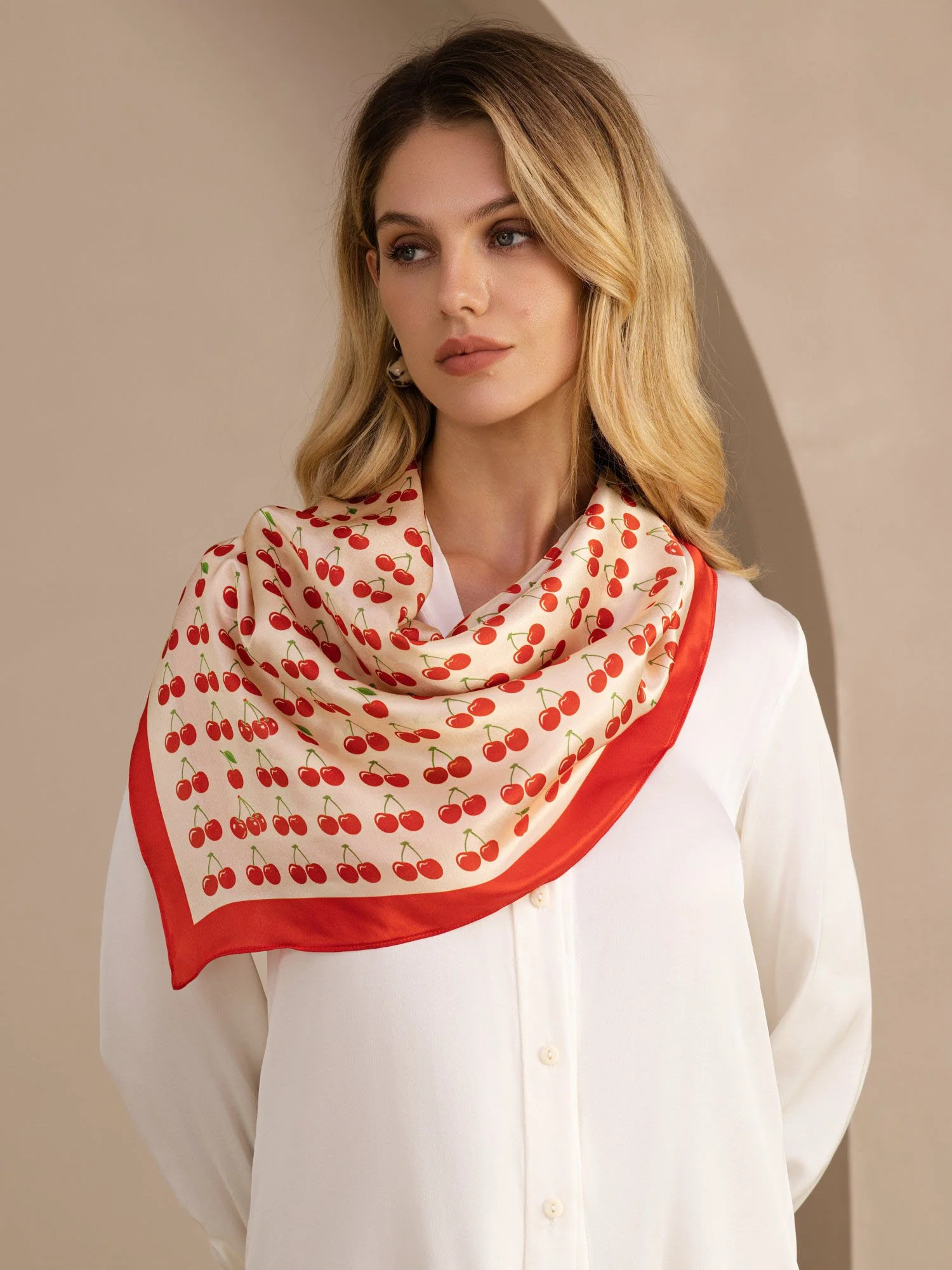 100% Mulberry Silk Cherry Pattern Scarf - Size 90x90cm - Image 9