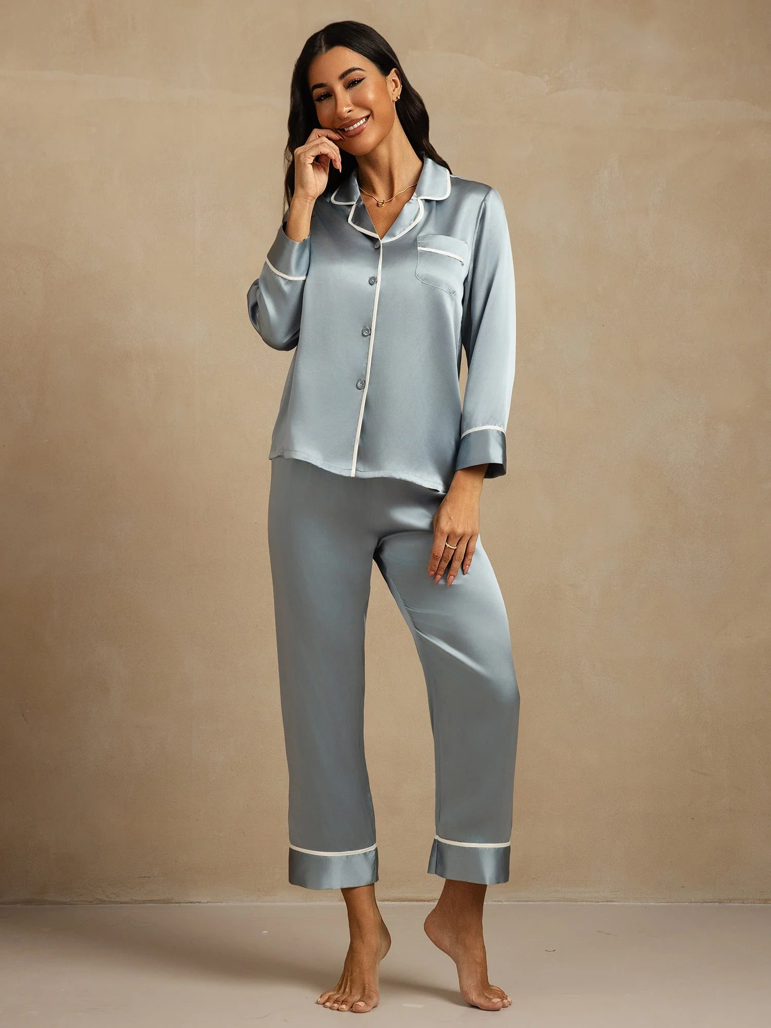 100% Mulberry Silk Classic Long Sleeve Pajama Set with Contrast Piping - Image 15