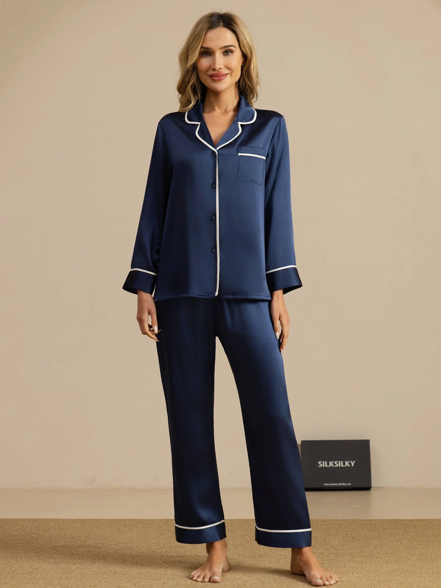 100% Mulberry Silk Classic Long Sleeve Pajama Set with Contrast Piping - Image 27