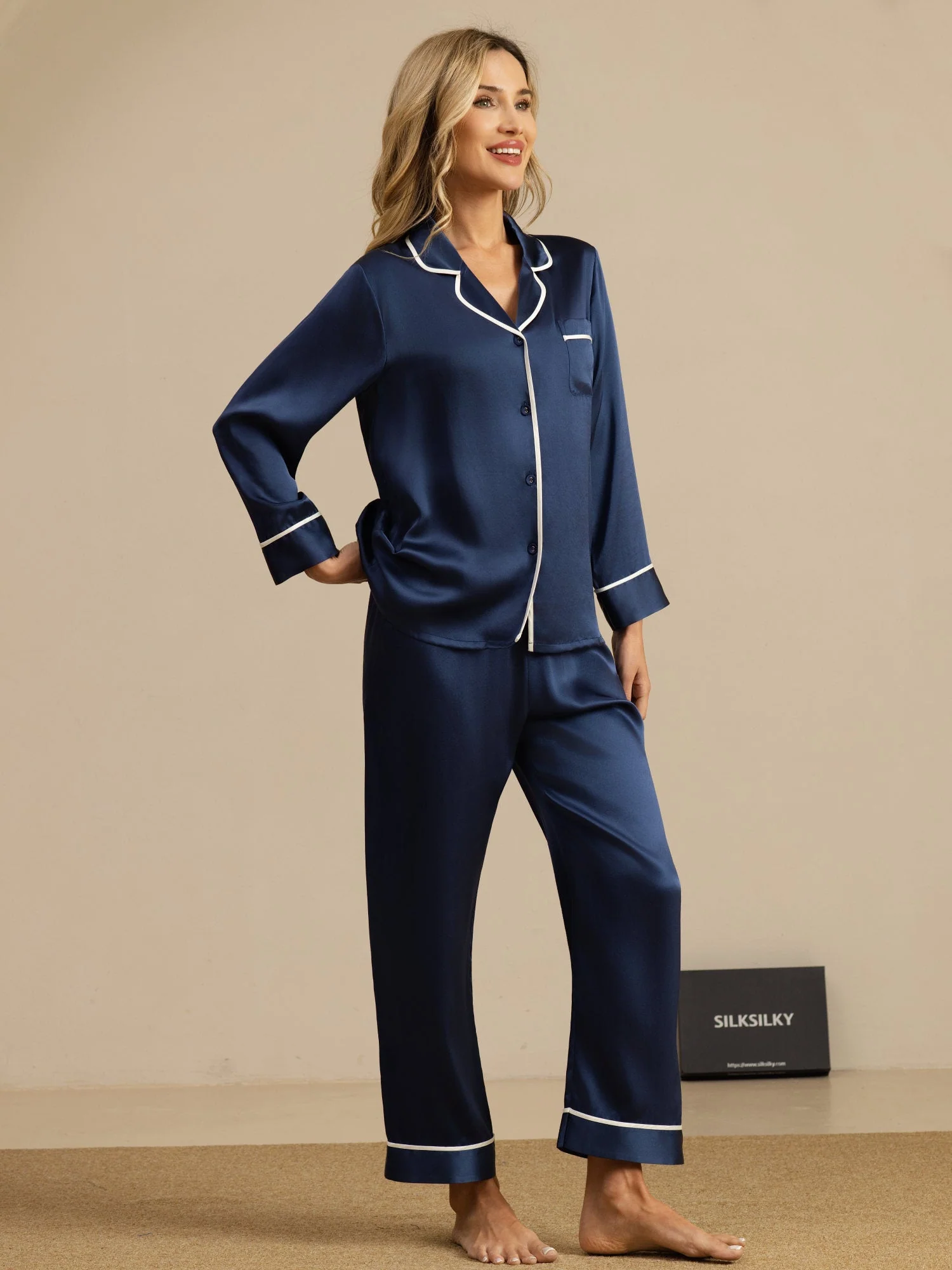 100% Mulberry Silk Classic Long Sleeve Pajama Set with Contrast Piping - Image 33