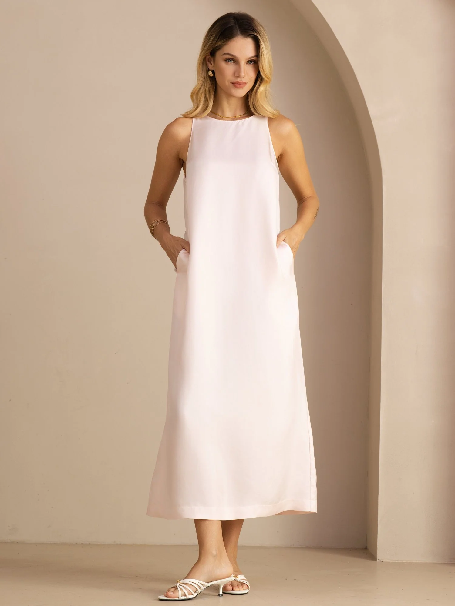 100% Mulberry Silk Crew Neck  Sleeveless Self-Tie Midi Dress - Image 8