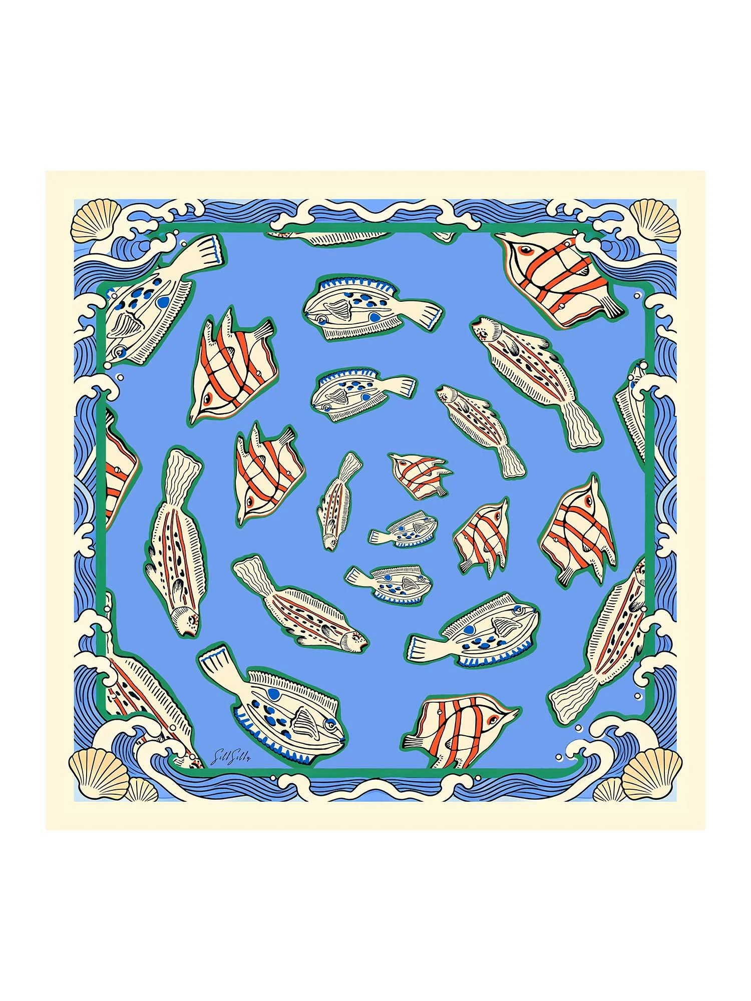 100% Mulberry Silk Fish Pattern Scarf - Size 90x90cm