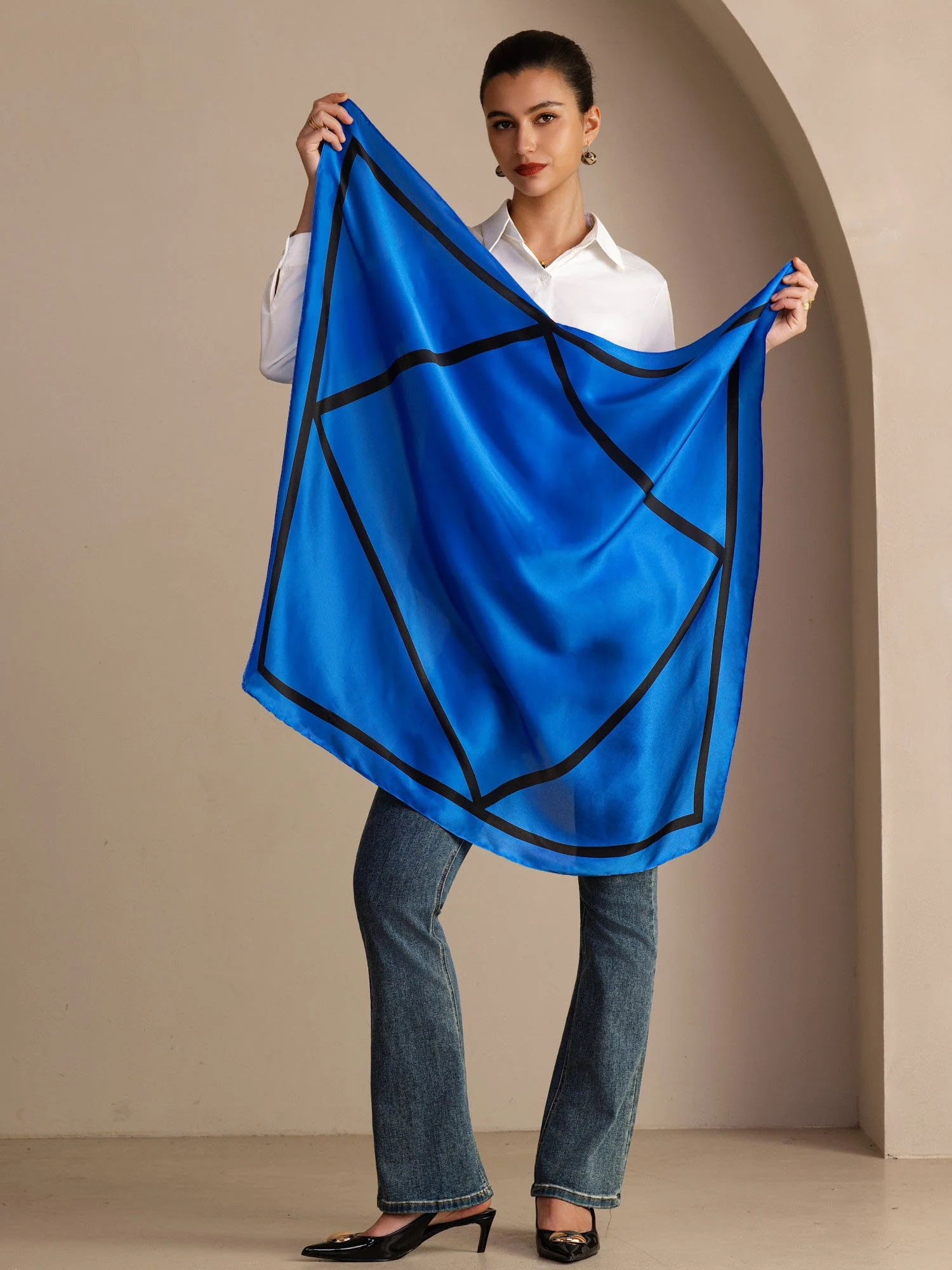 100% Mulberry Silk Geometric Block Pattern Scarf - Size 90x90cm - Image 16