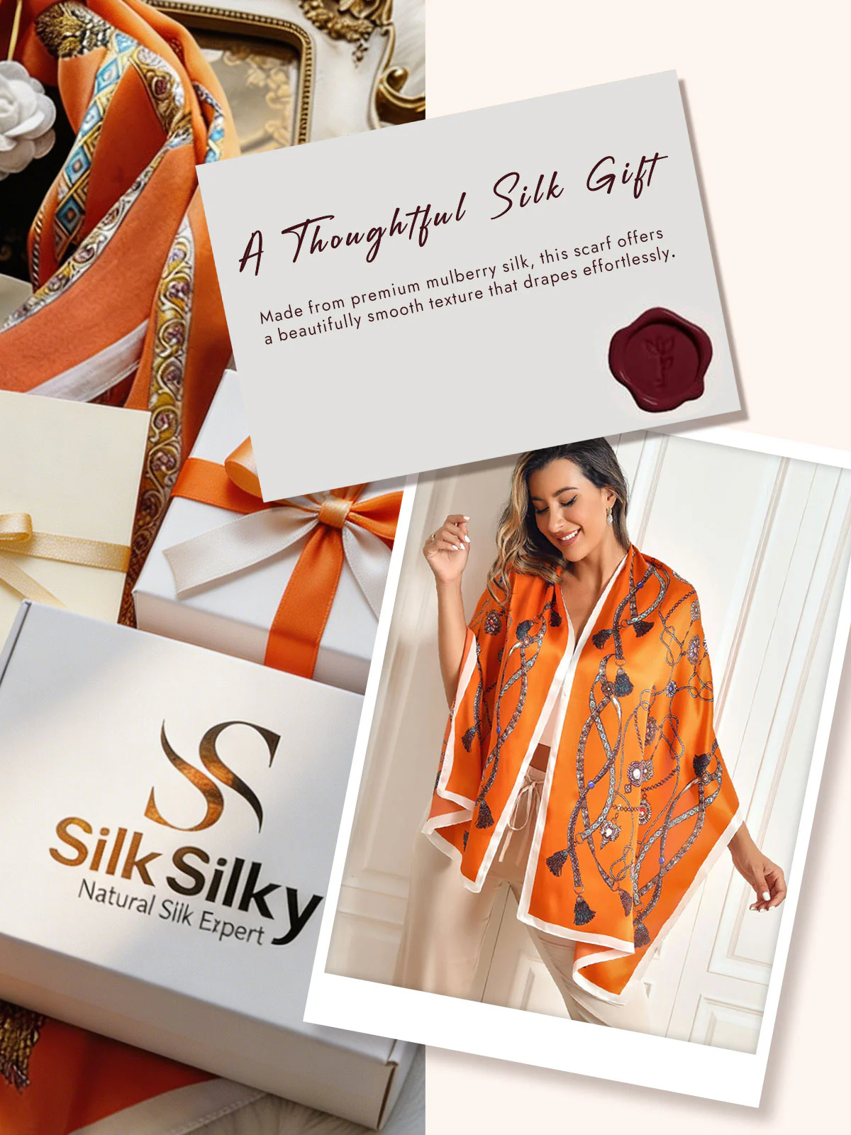 100% Mulberry Silk Printed Rectangular Long Shawl Scarf 170x53cm - Image 3