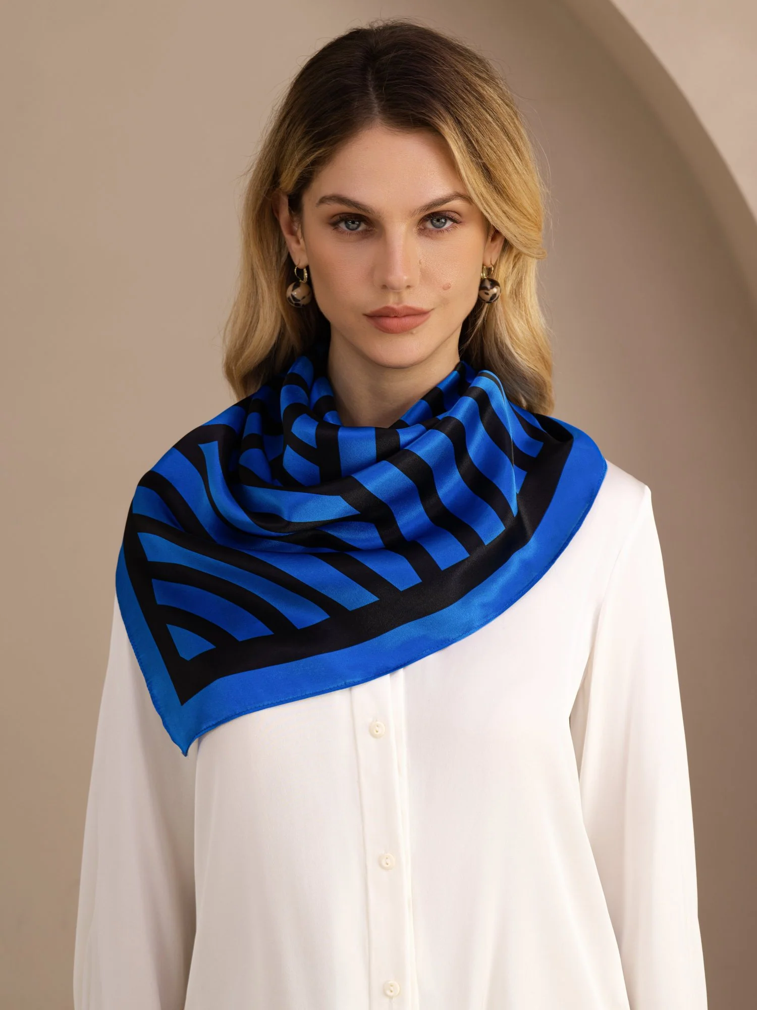 100% Mulberry Silk Semicircular Geometry Printed Scarf - Size 90x90cm - Image 11