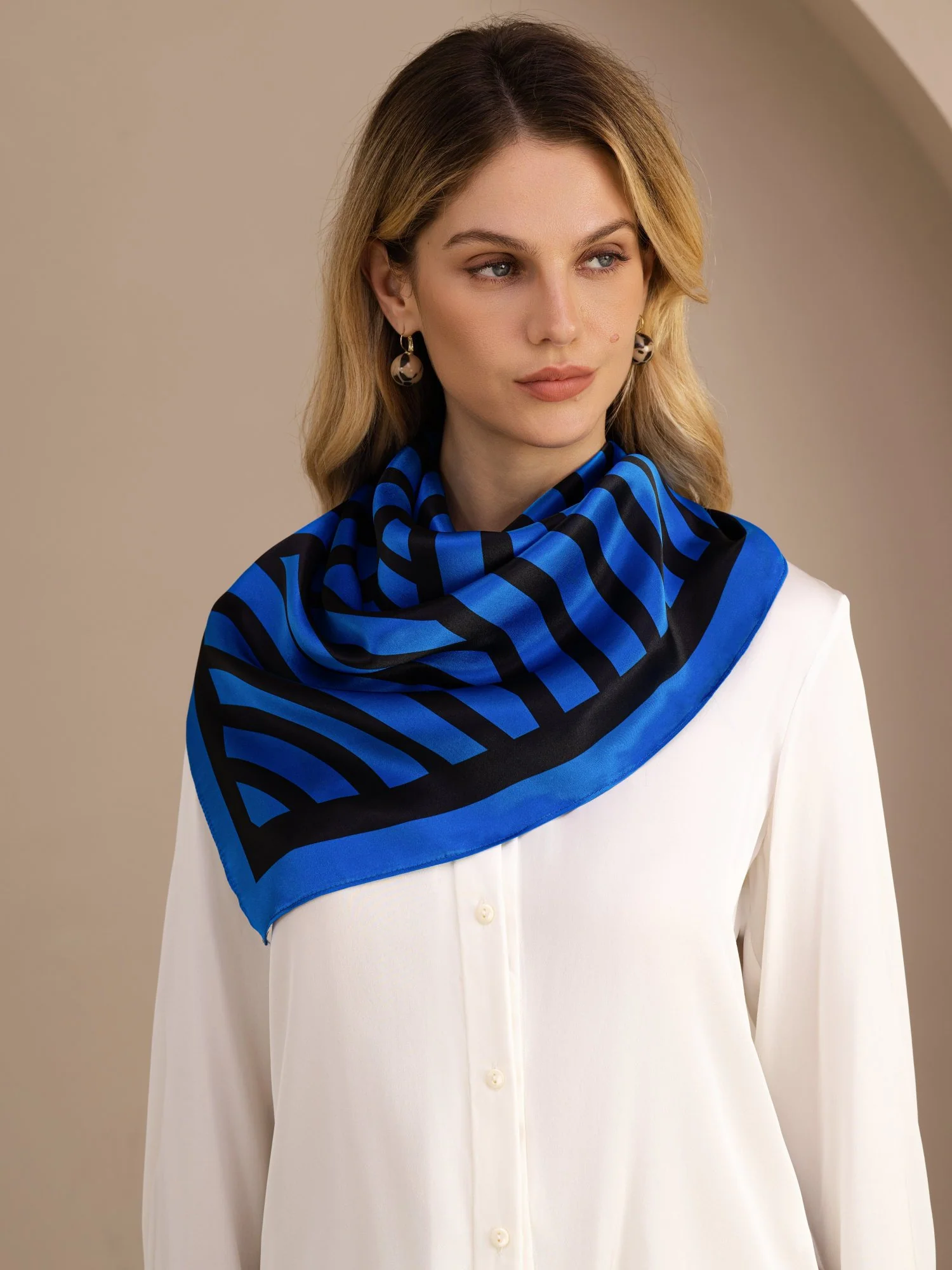 100% Mulberry Silk Semicircular Geometry Printed Scarf - Size 90x90cm - Image 12