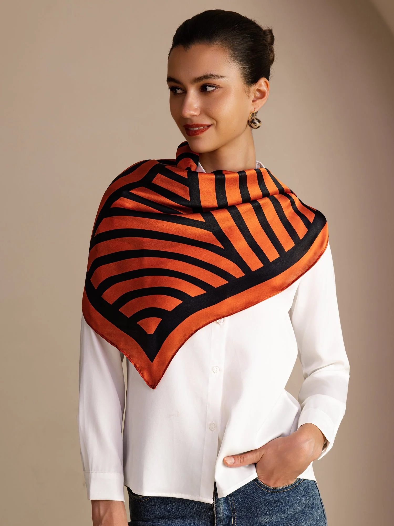 100% Mulberry Silk Semicircular Geometry Printed Scarf - Size 90x90cm - Image 15