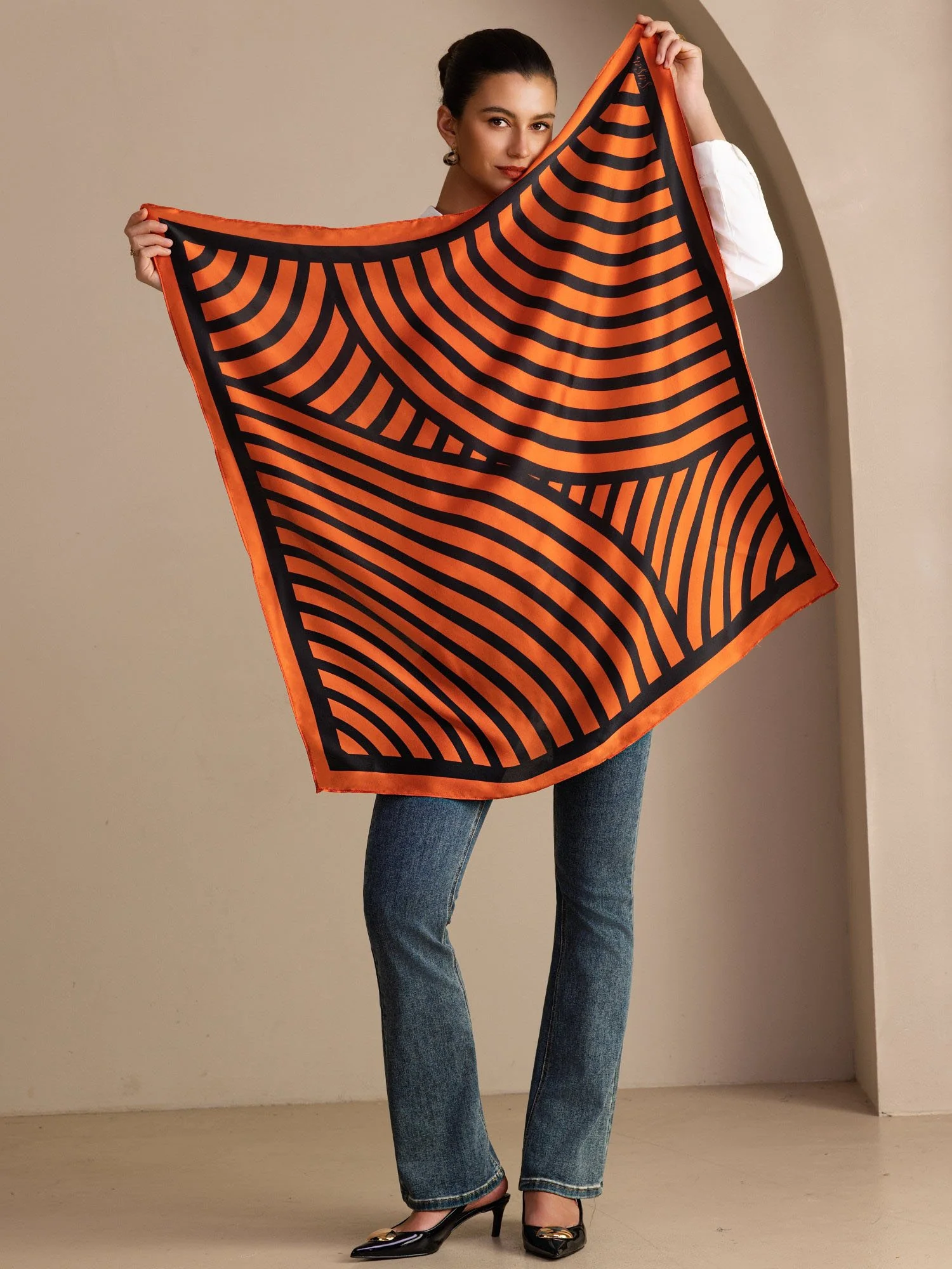 100% Mulberry Silk Semicircular Geometry Printed Scarf - Size 90x90cm - Image 18