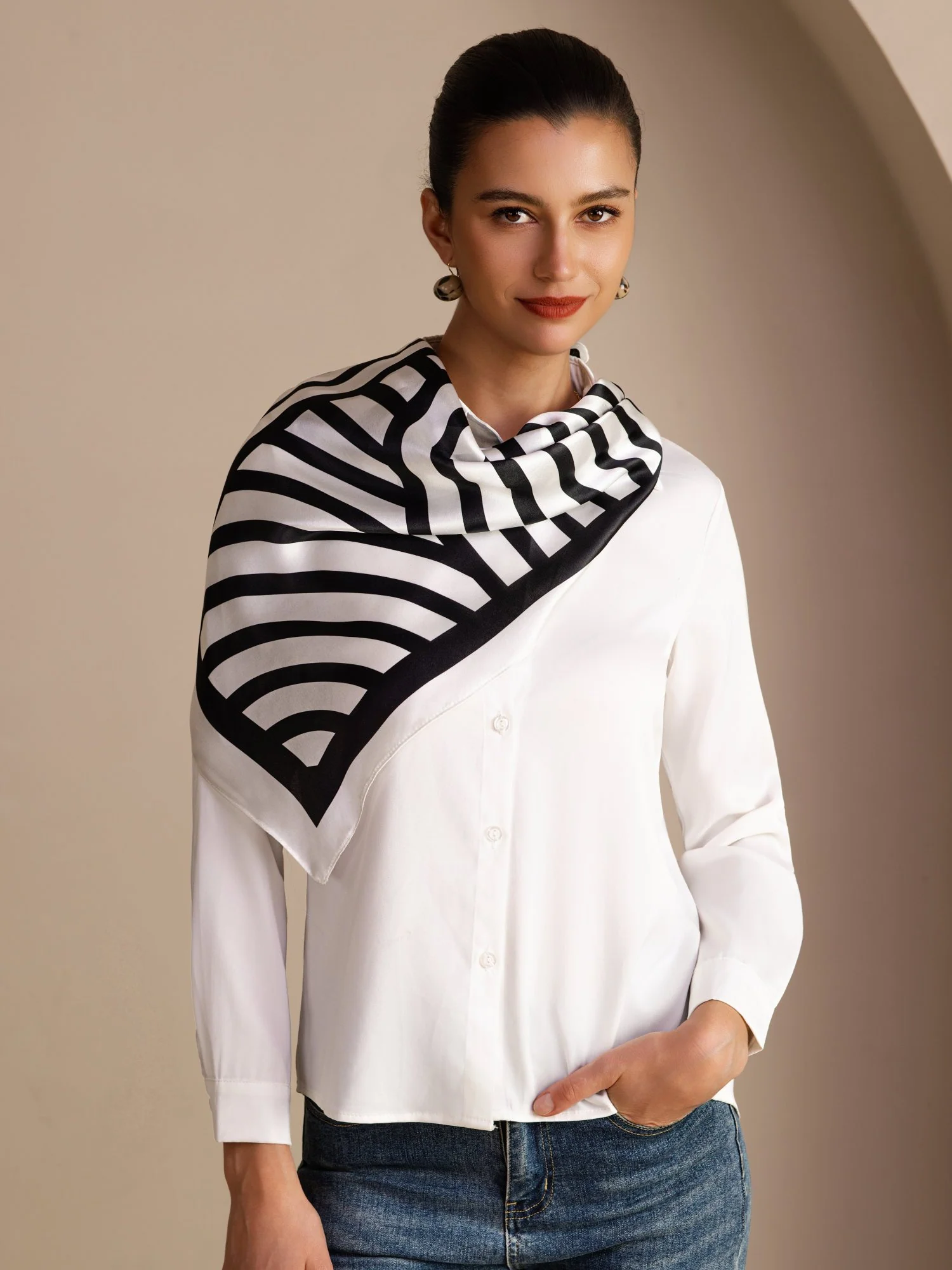 100% Mulberry Silk Semicircular Geometry Printed Scarf - Size 90x90cm - Image 3