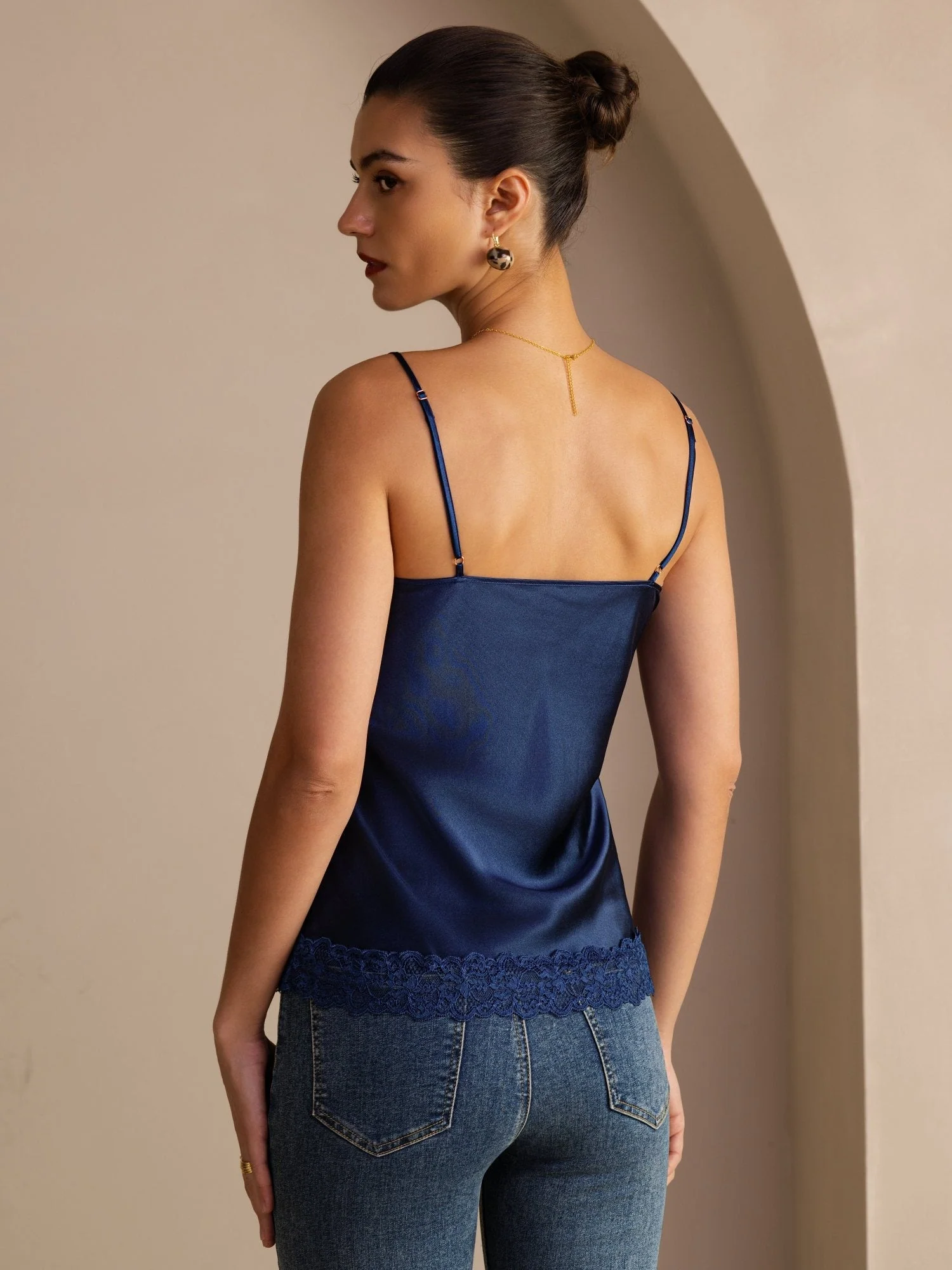 100% Mulberry Silk Women's Spaghetti Strap V Neck Lace Trim Camisole Top - Image 17
