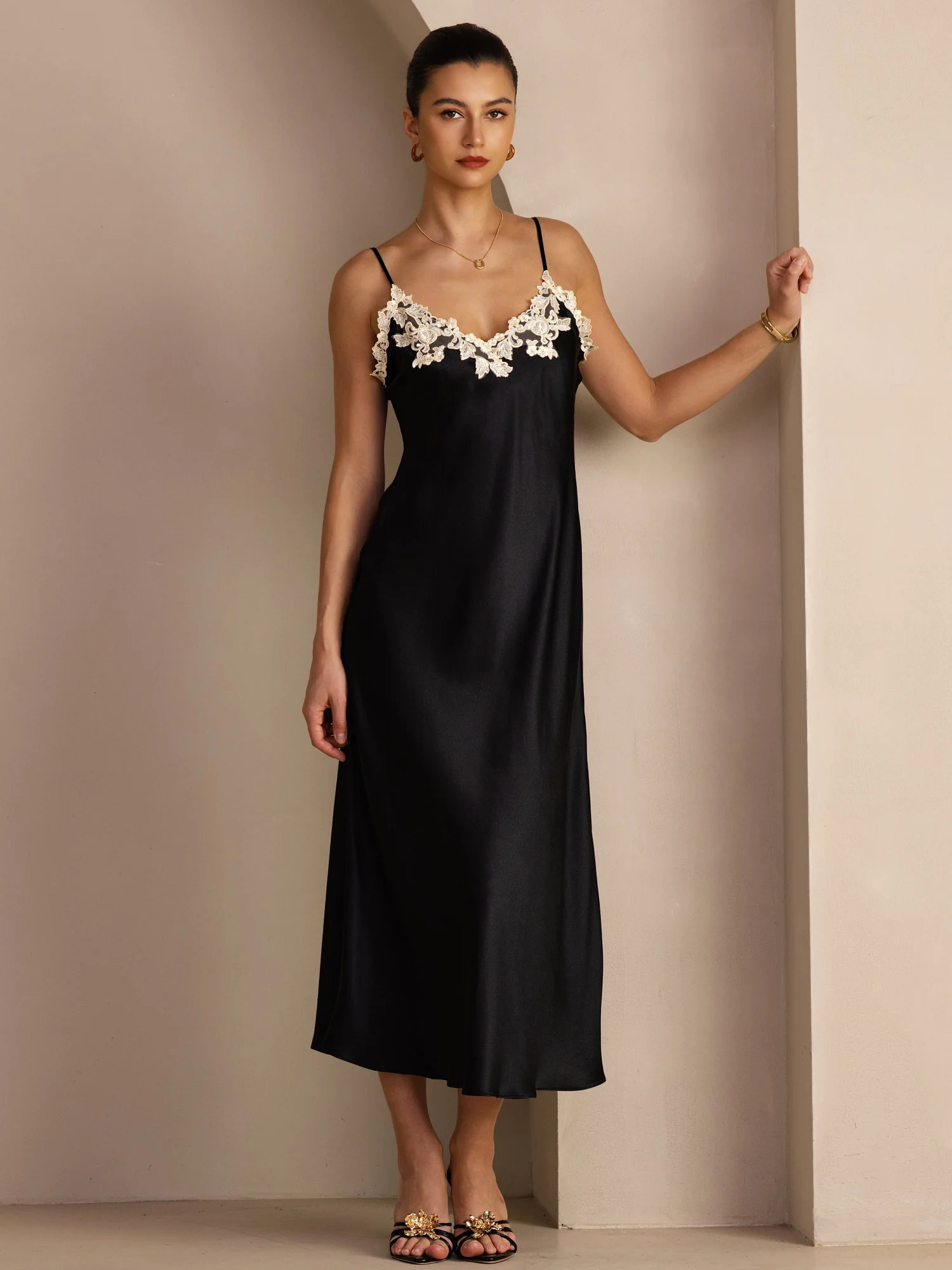 100% Mulberry Silk Spaghetti Strap V Neck Midi Dress with Lace V-Back Design - Image 18