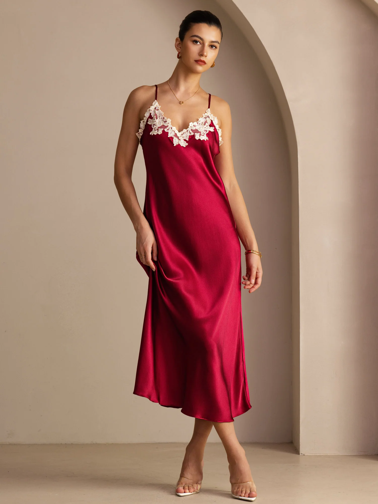 100% Mulberry Silk Spaghetti Strap V Neck Midi Dress with Lace V-Back Design - Image 20