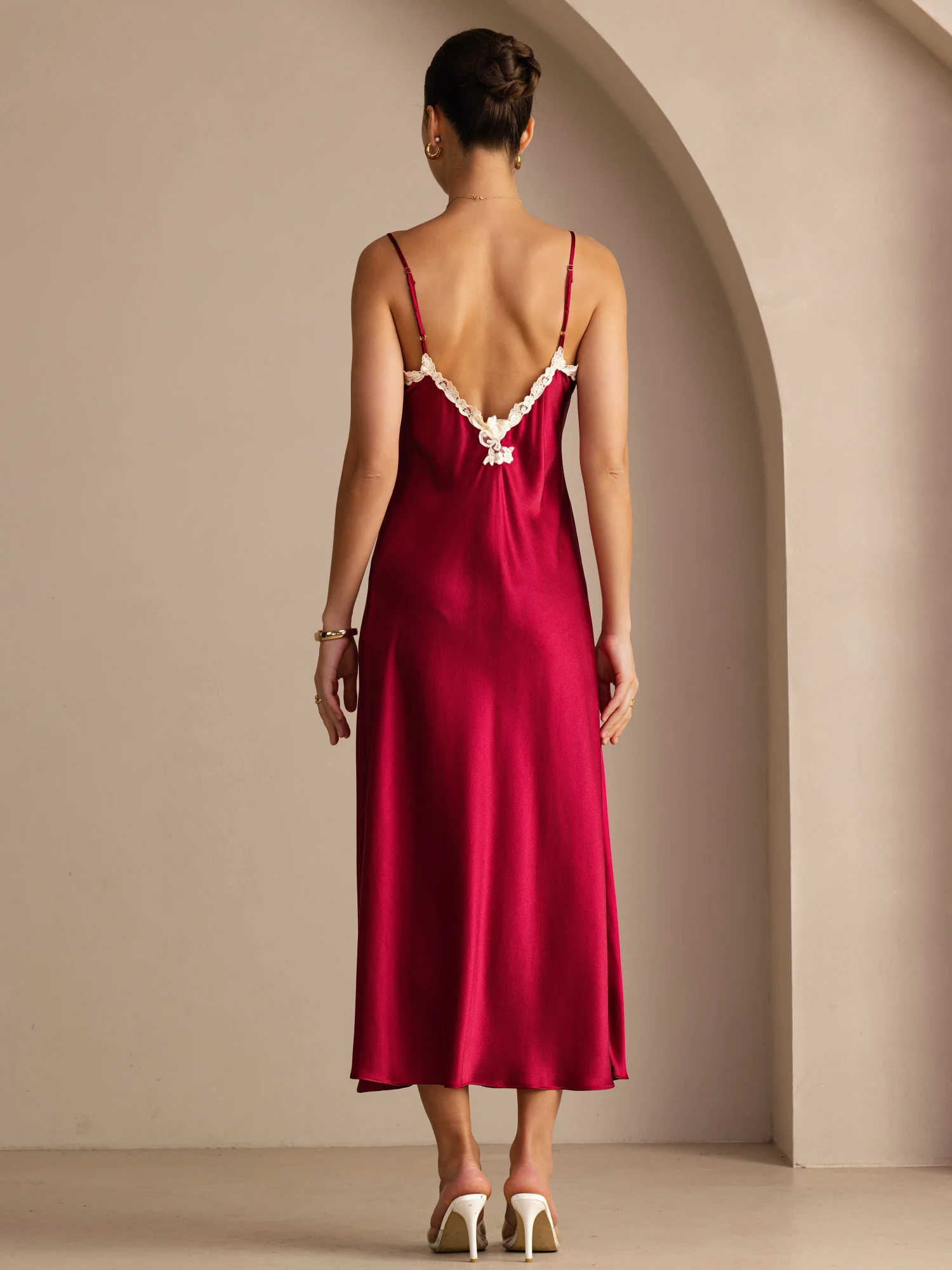 100% Mulberry Silk Spaghetti Strap V Neck Midi Dress with Lace V-Back Design - Image 21