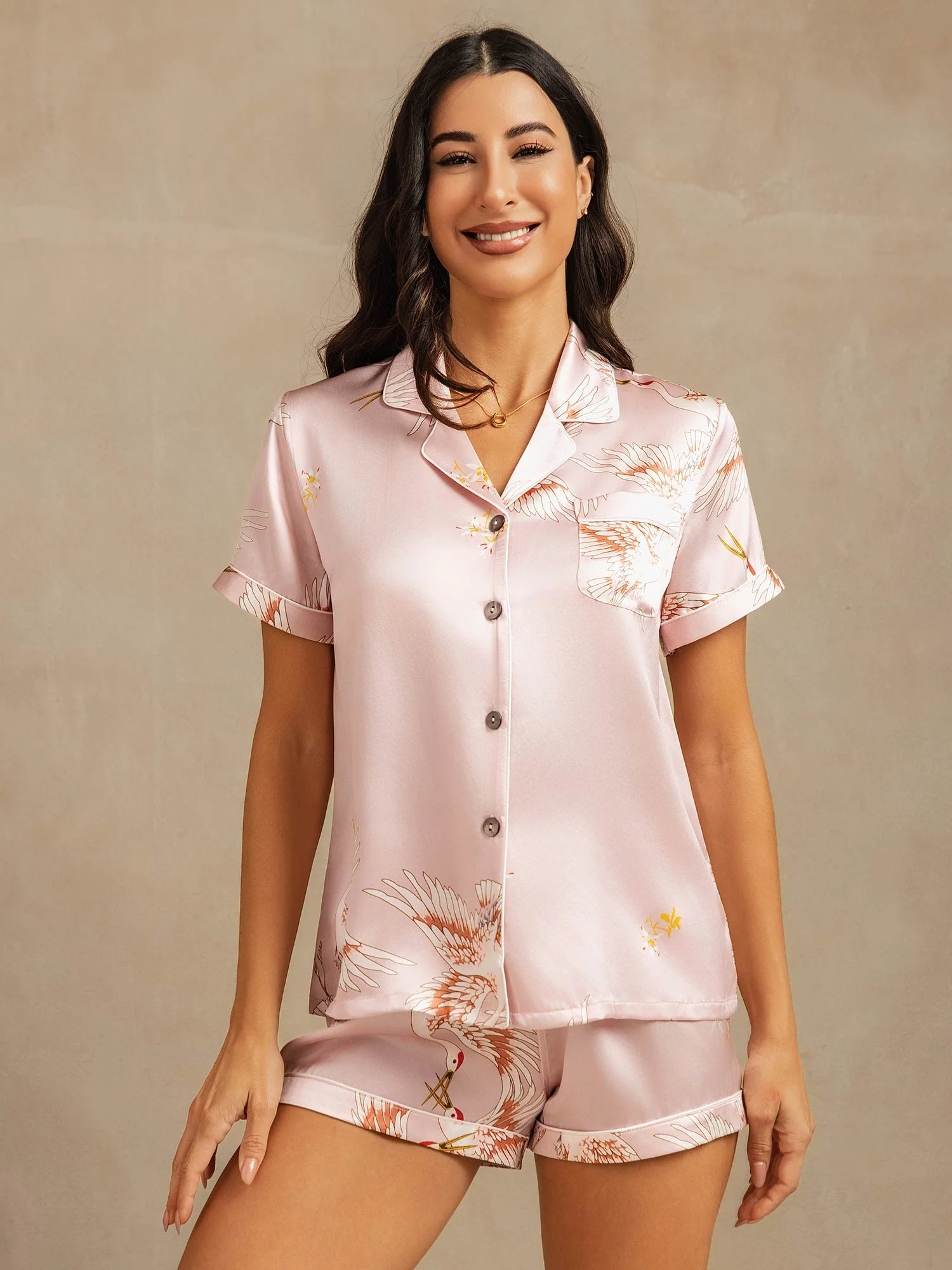 19Momme 100% Mulberry Silk Crane Print Short Sleeve Notch Collar Women's Pajamas Set - Image 14