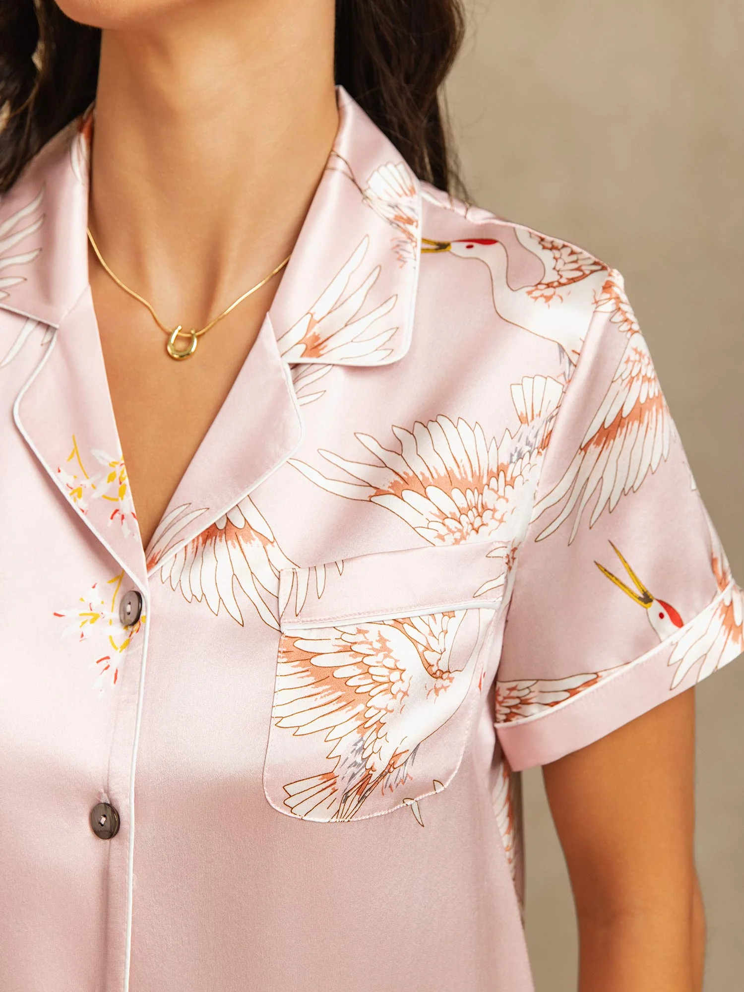 19Momme 100% Mulberry Silk Crane Print Short Sleeve Notch Collar Women's Pajamas Set - Image 17
