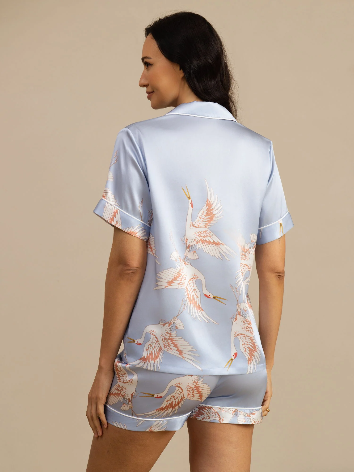 19Momme 100% Mulberry Silk Crane Print Short Sleeve Notch Collar Women's Pajamas Set - Image 22