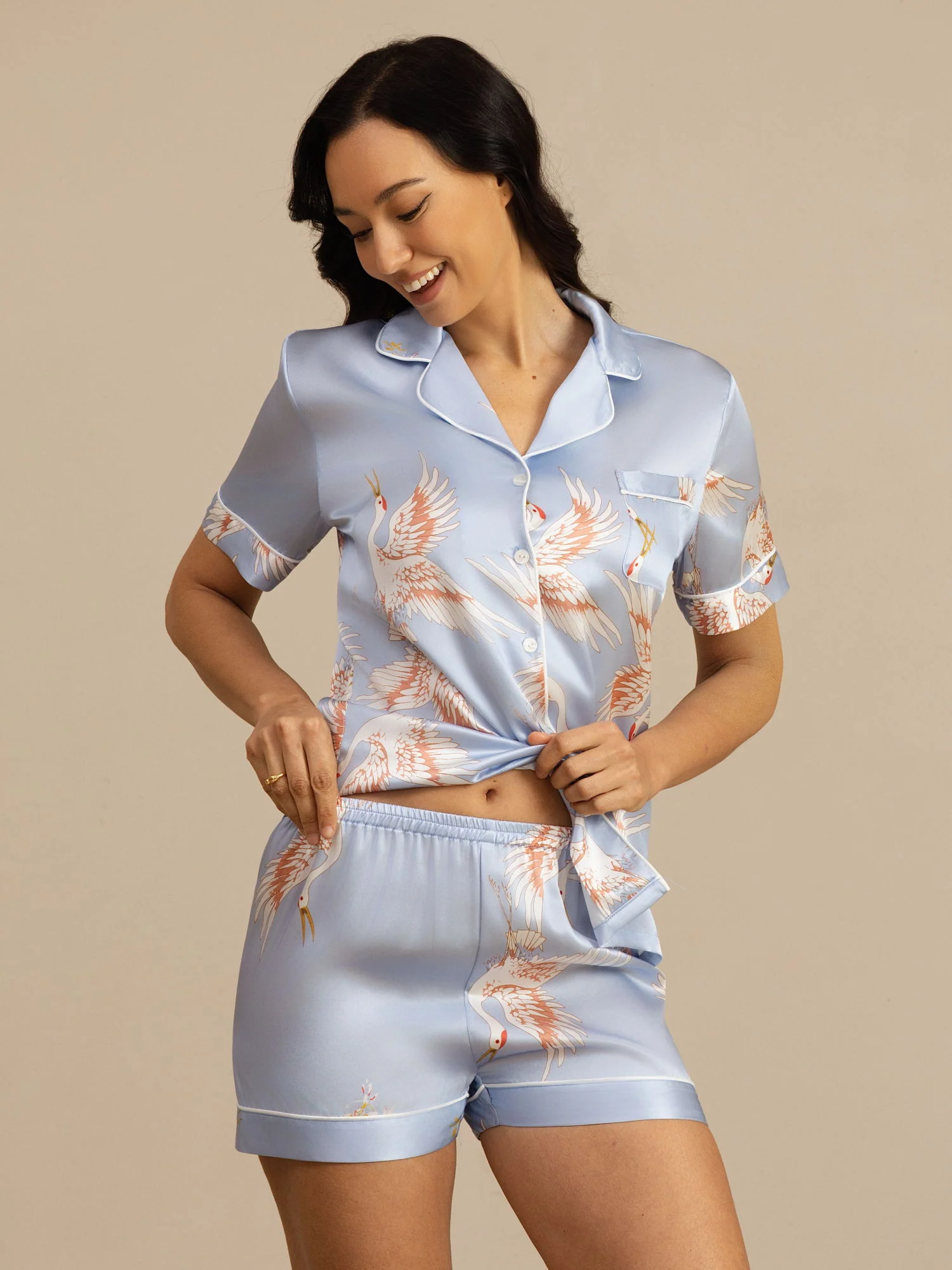 19Momme 100% Mulberry Silk Crane Print Short Sleeve Notch Collar Women's Pajamas Set - Image 24