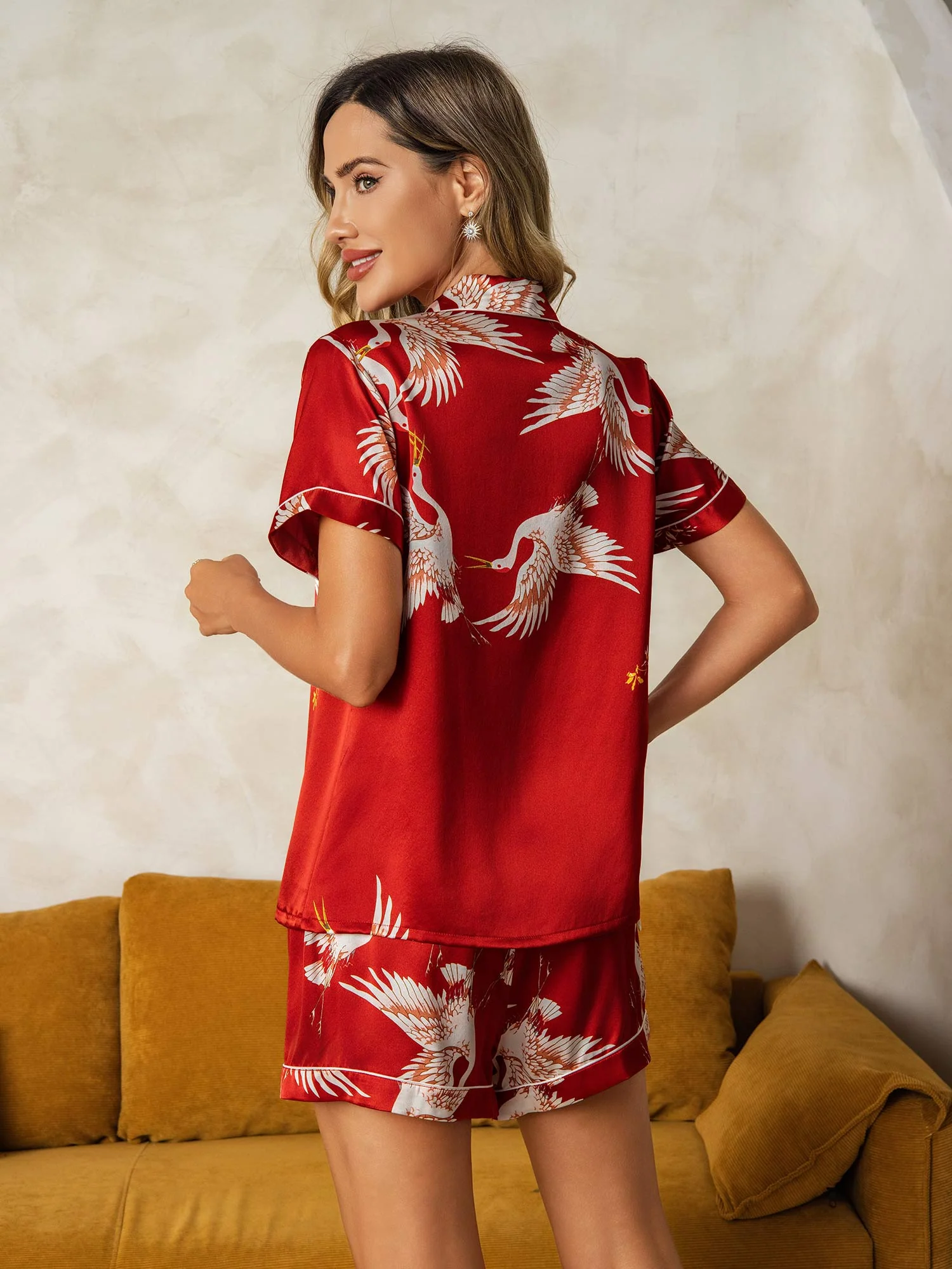 19Momme 100% Mulberry Silk Crane Print Short Sleeve Notch Collar Women's Pajamas Set - Image 29