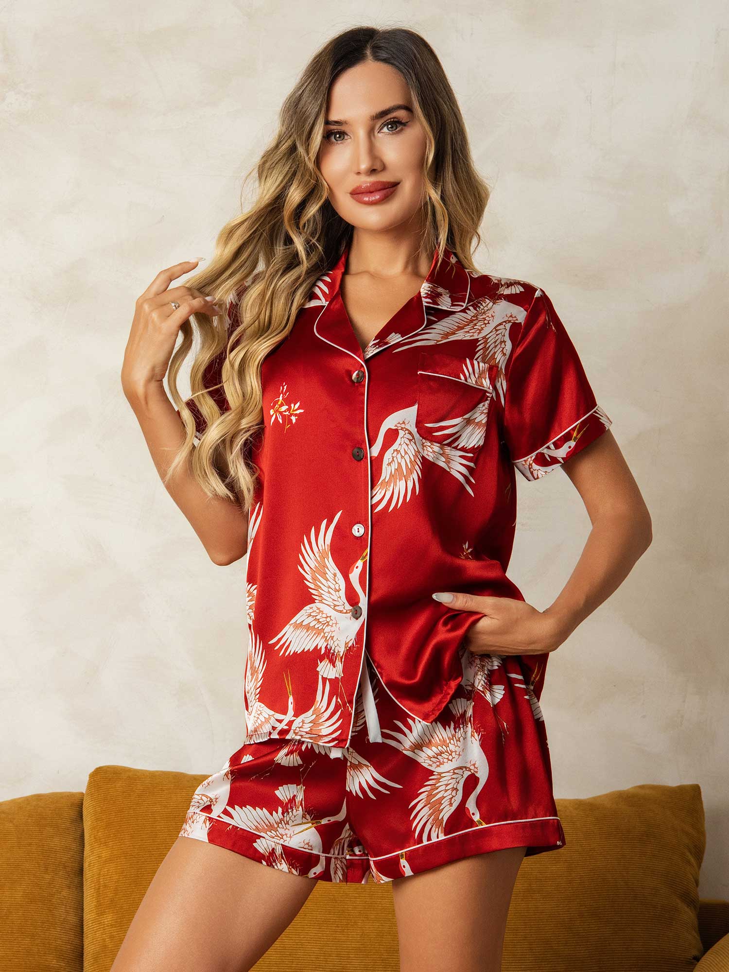 19Momme 100% Mulberry Silk Crane Print Short Sleeve Notch Collar Women's Pajamas Set - Image 30
