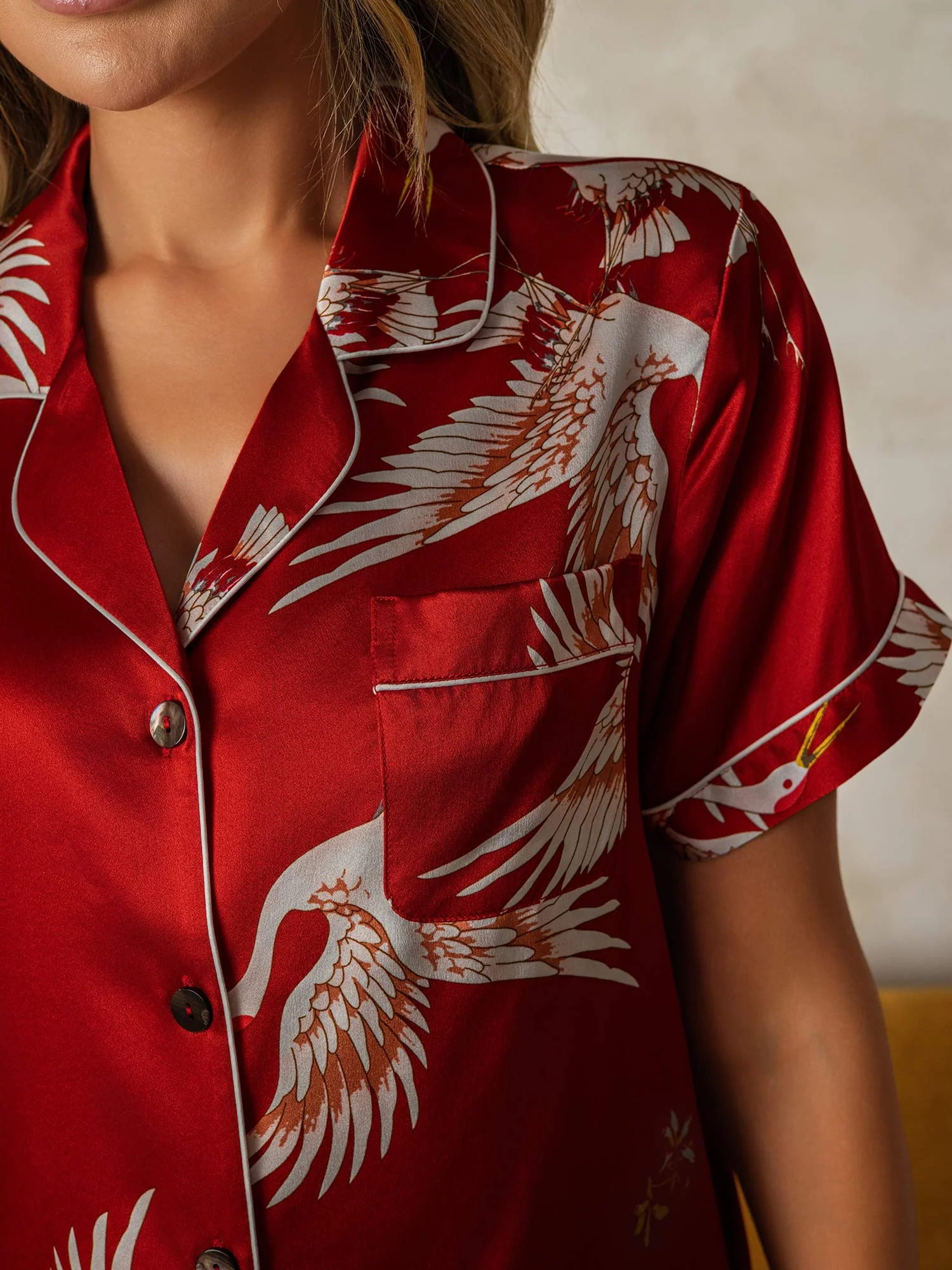 19Momme 100% Mulberry Silk Crane Print Short Sleeve Notch Collar Women's Pajamas Set - Image 31