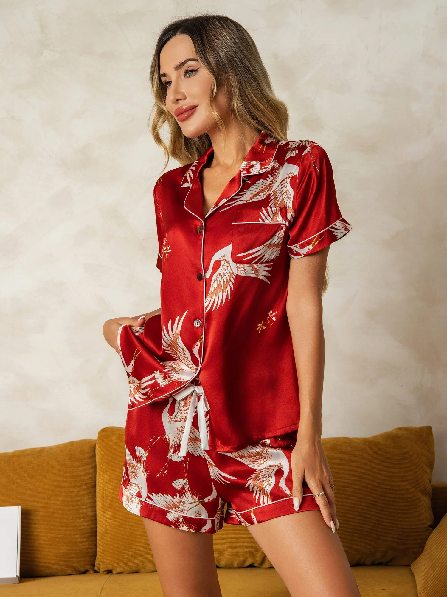 19Momme 100% Mulberry Silk Crane Print Short Sleeve Notch Collar Women's Pajamas Set - Image 32