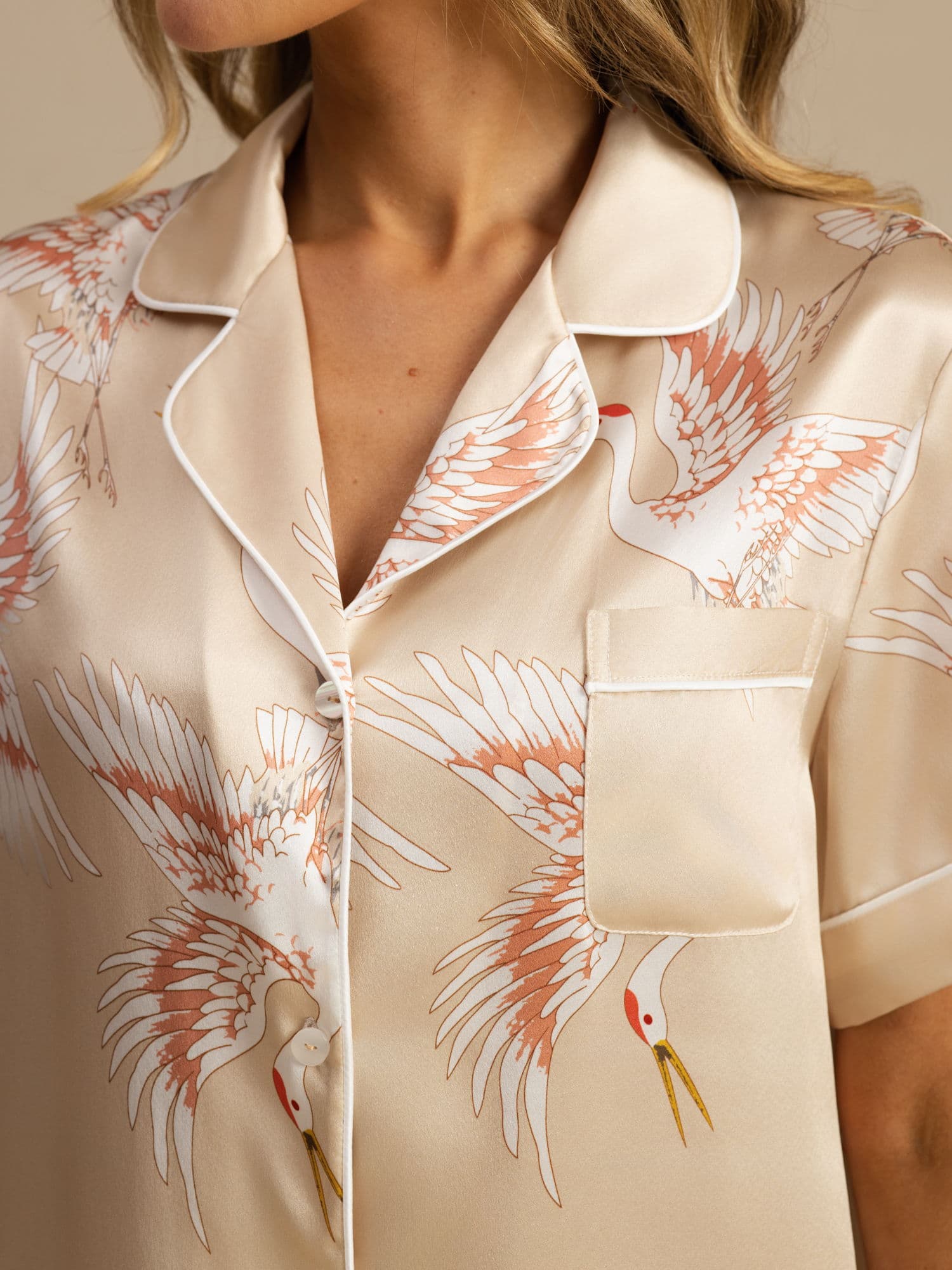 19Momme 100% Mulberry Silk Crane Print Short Sleeve Notch Collar Women's Pajamas Set - Image 40