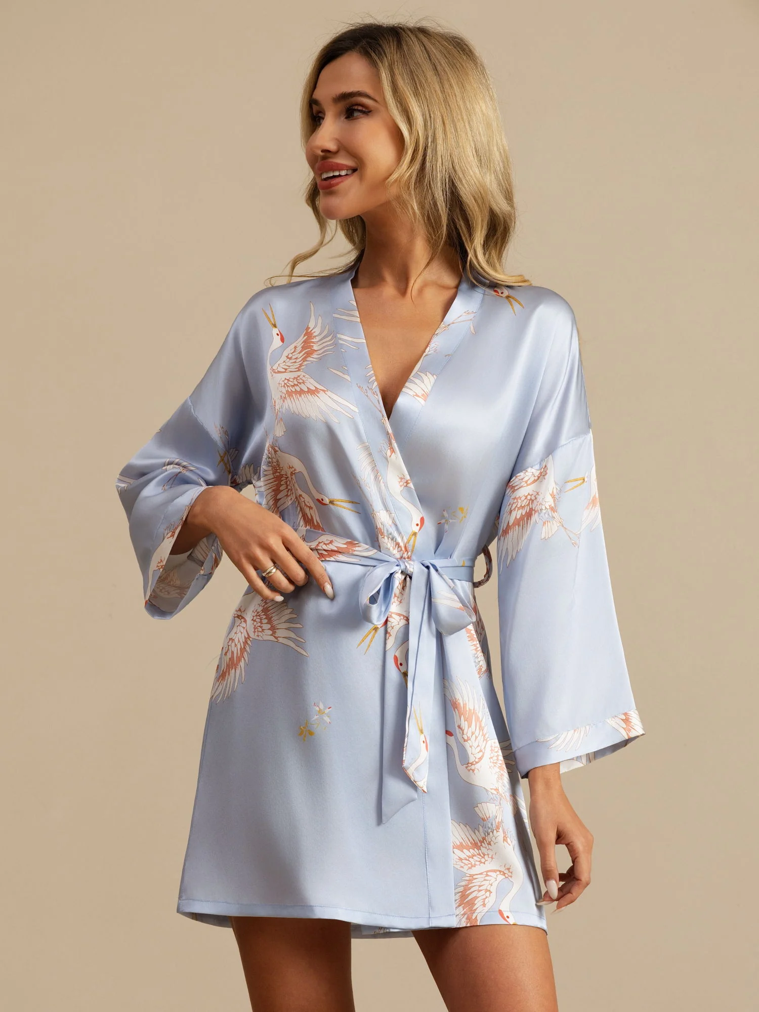 19Momme 100% Mulberry Silk Crane Print 3/4 Sleeve Short Women's Kimono Robe - Image 24