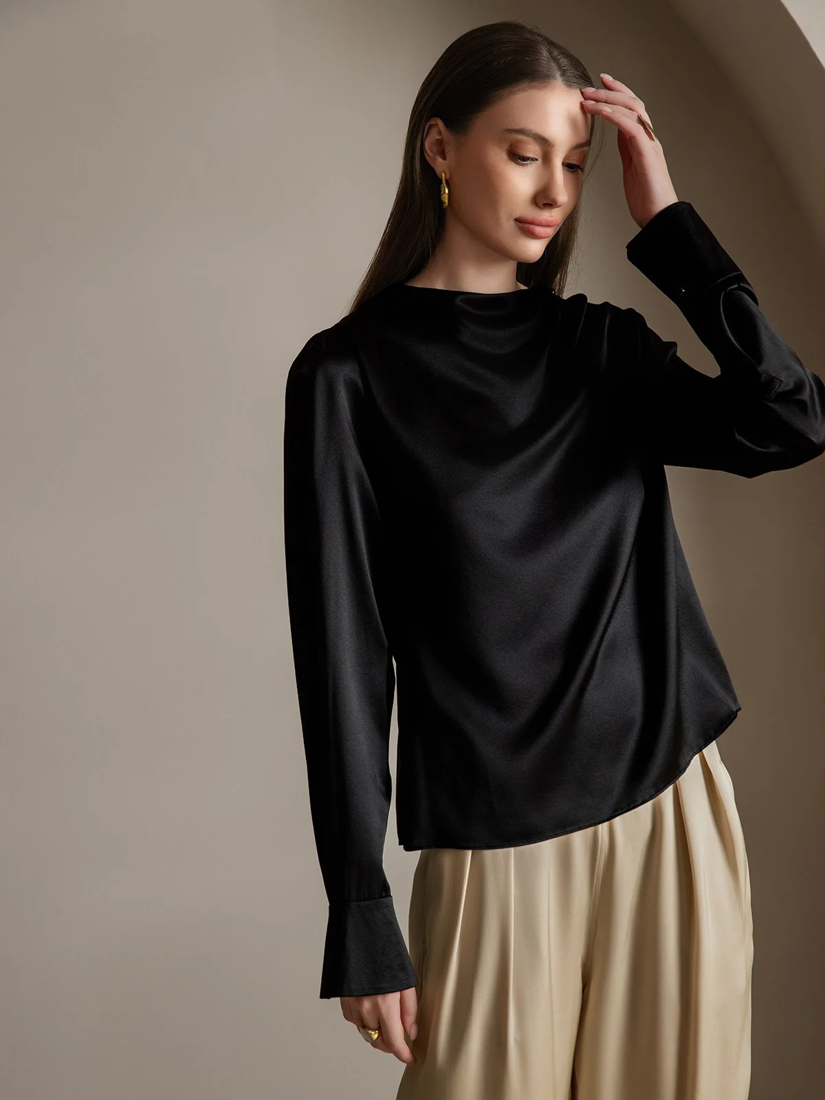 Clearance(US Warehouse) - 19Momme Silk Long Sleeve Boat Neck Blouse - Image 13