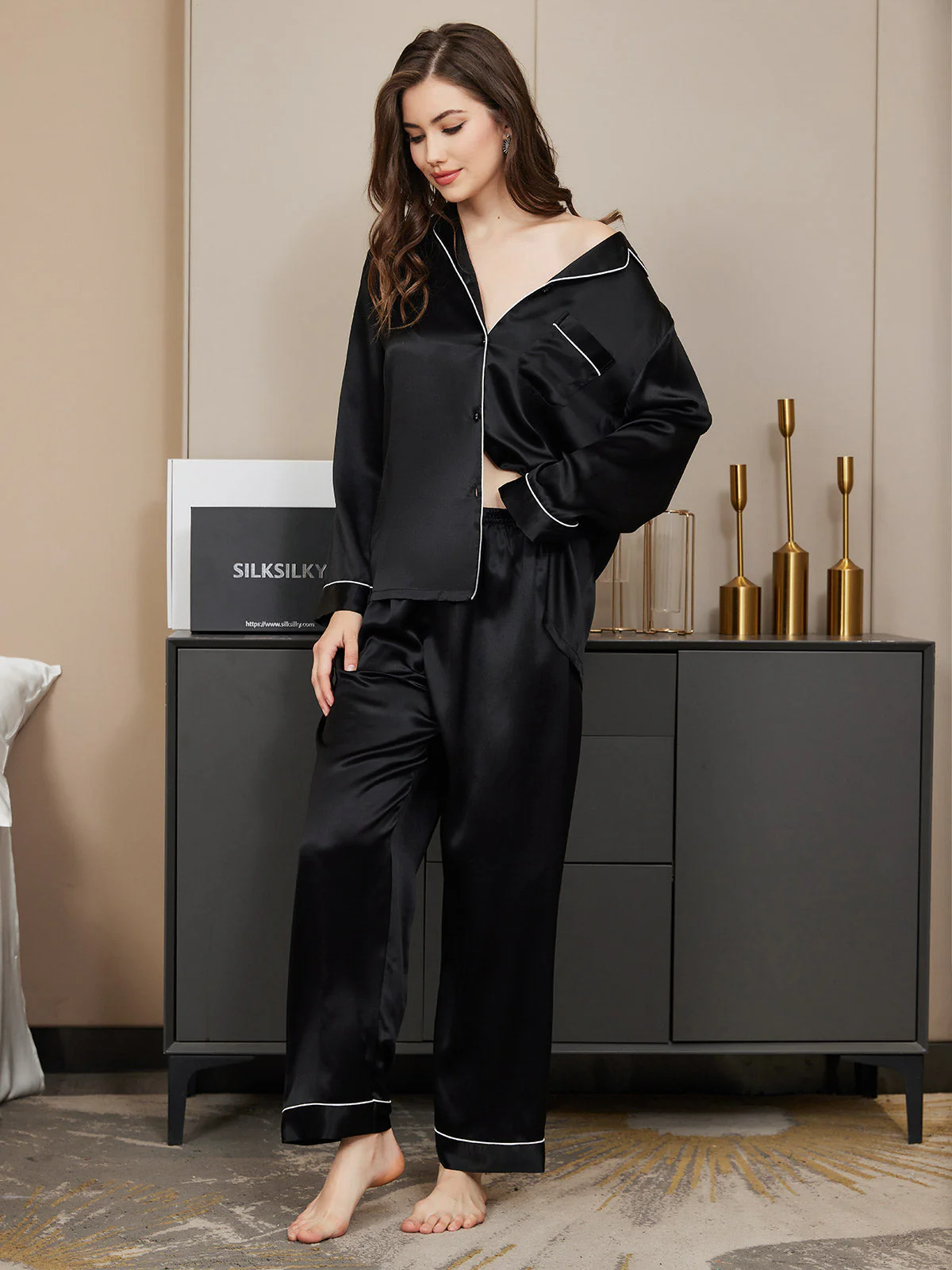 100% Mulberry Silk Long Sleeve Button Up Women's Pajamas Set - Image 10