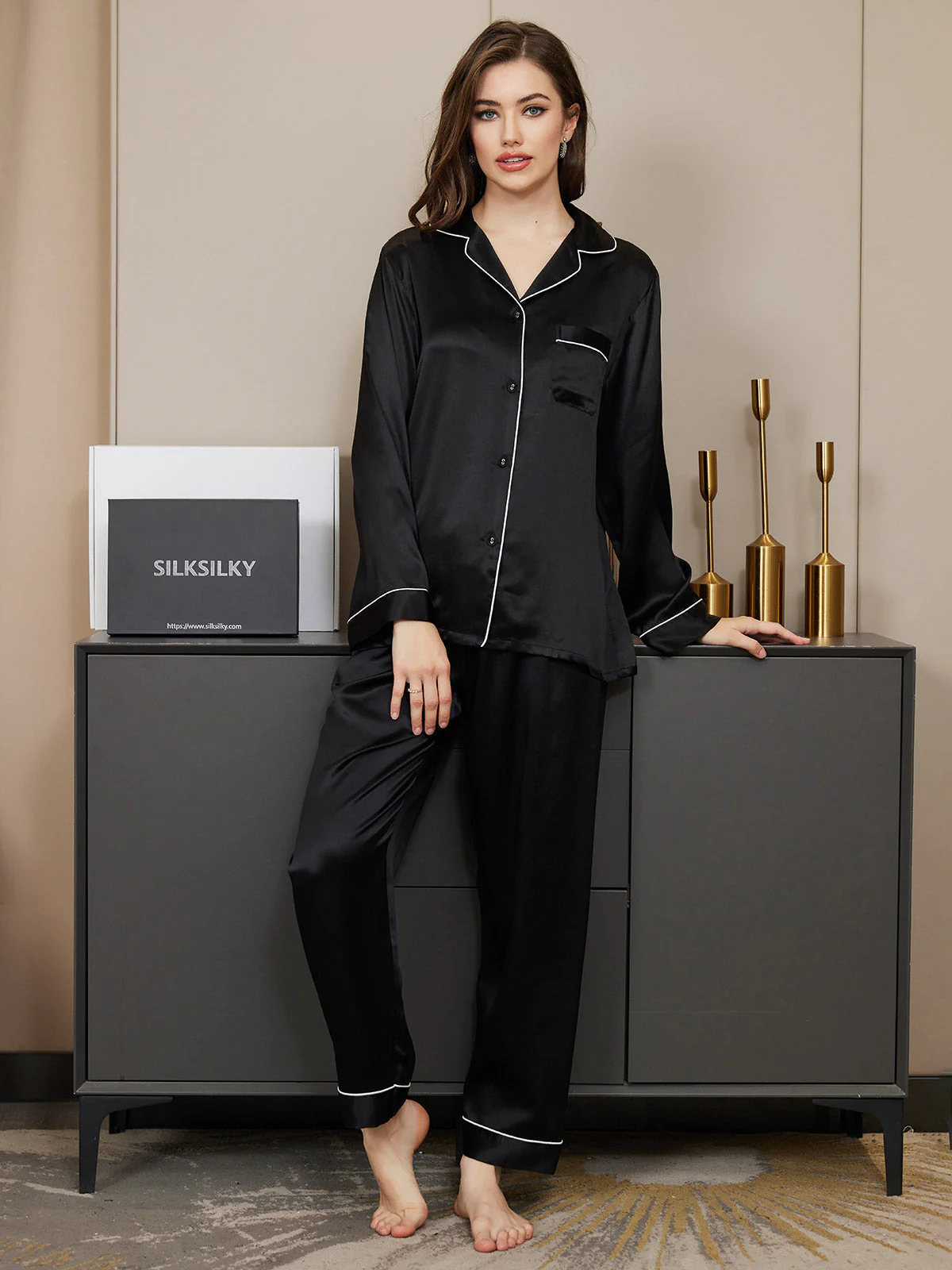 100% Mulberry Silk Long Sleeve Button Up Women's Pajamas Set - Image 11