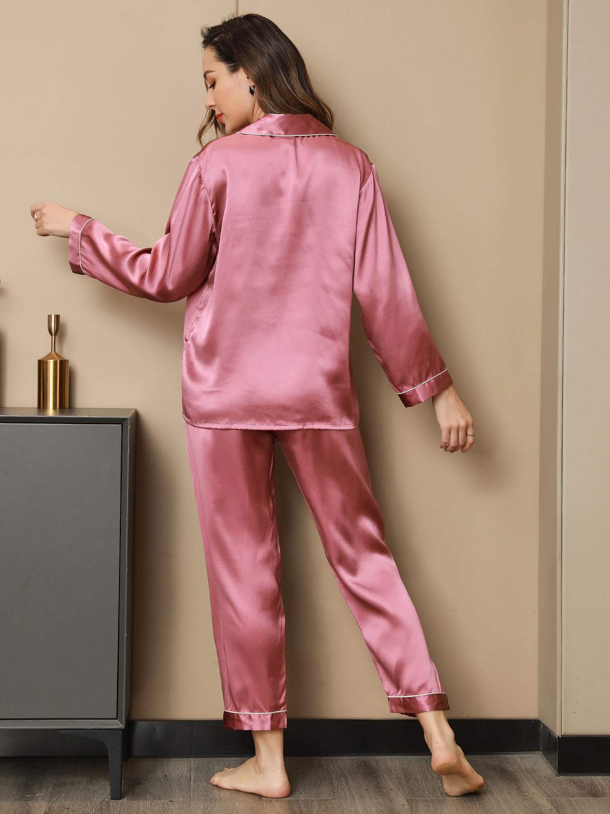100% Mulberry Silk Long Sleeve Button Up Women's Pajamas Set - Image 38