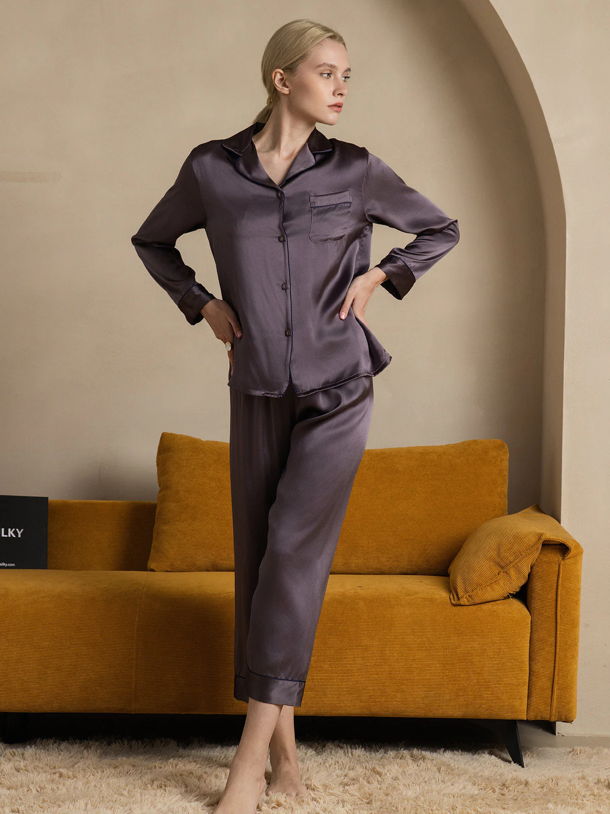 100% Mulberry Silk Long Sleeve Button Up Women's Pajamas Set - Image 45