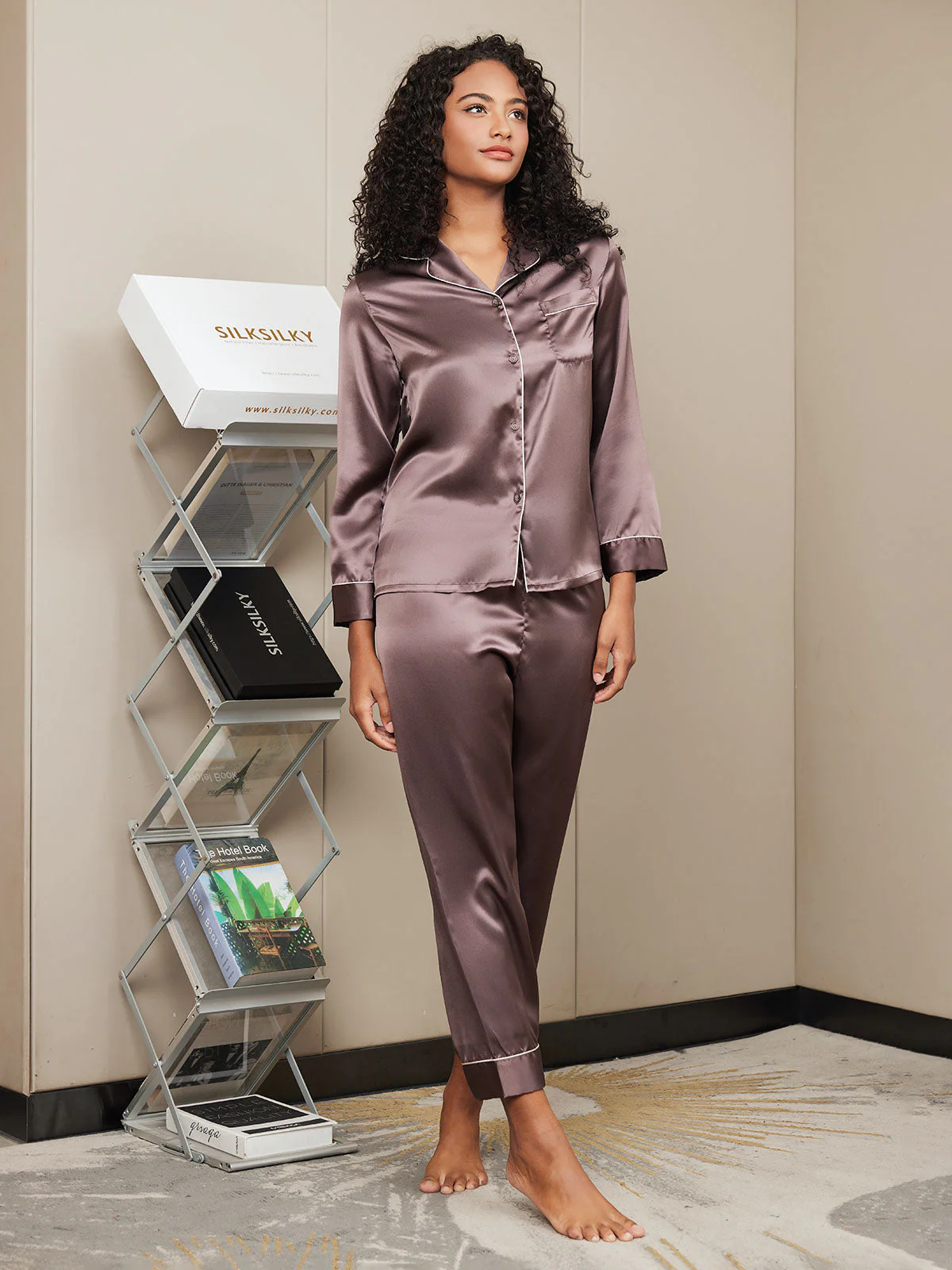 100% Mulberry Silk Long Sleeve Button Up Women's Pajamas Set - Image 57