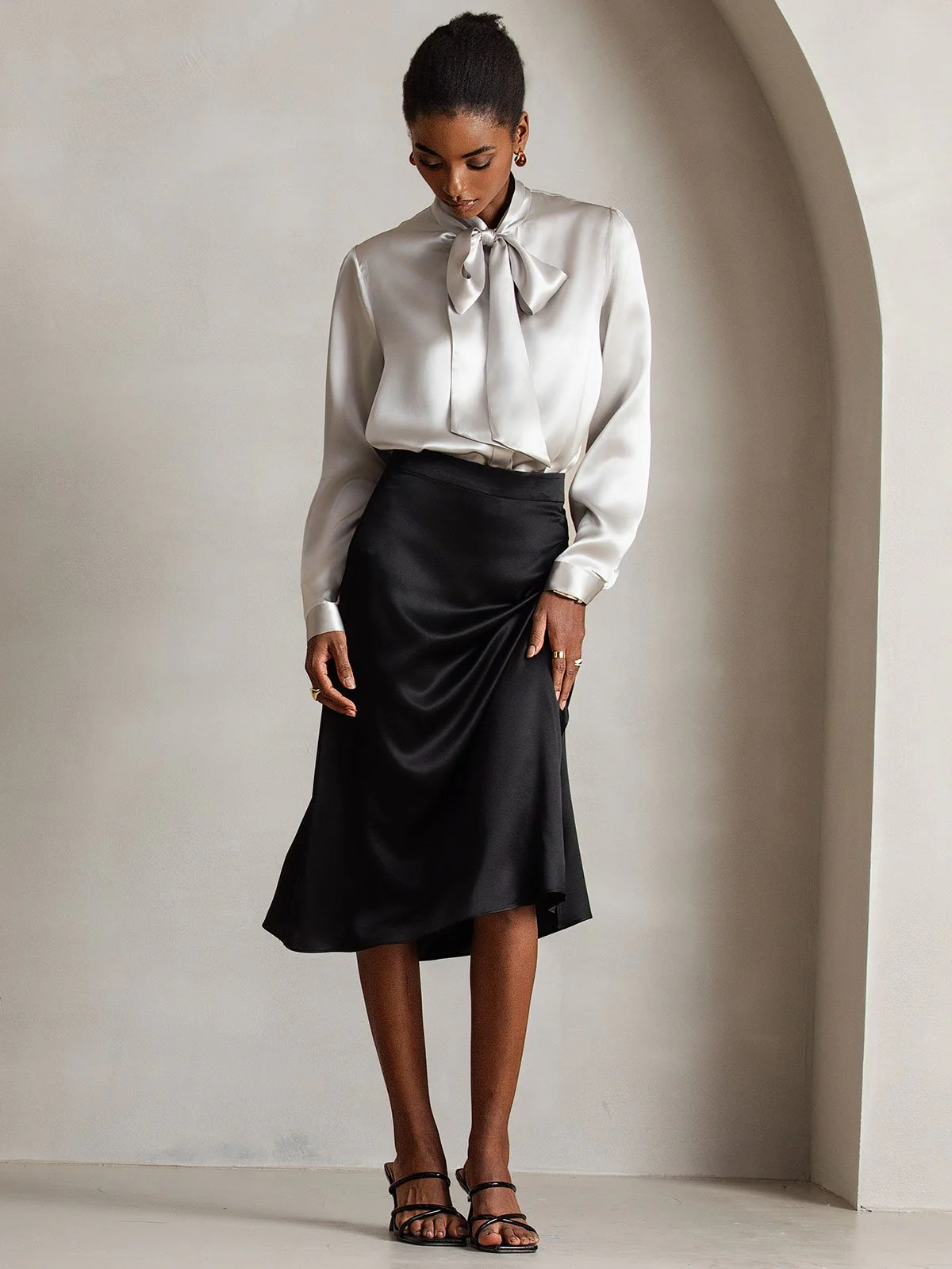 Elegant 19Momme Silk Long Sleeve Tie Neck Blouse - Image 15