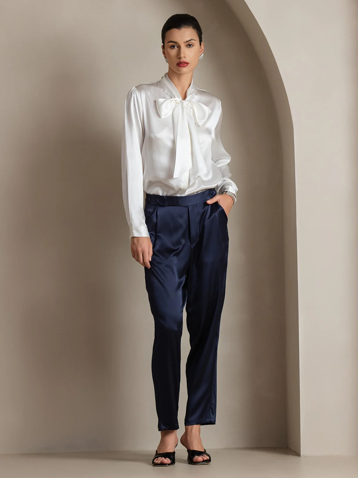 Elegant 19Momme Silk Long Sleeve Tie Neck Blouse - Image 4