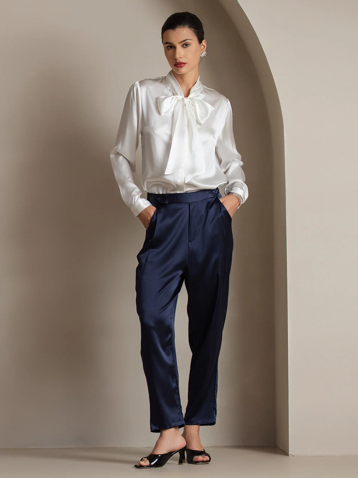 Elegant 19Momme Silk Long Sleeve Tie Neck Blouse - Image 6