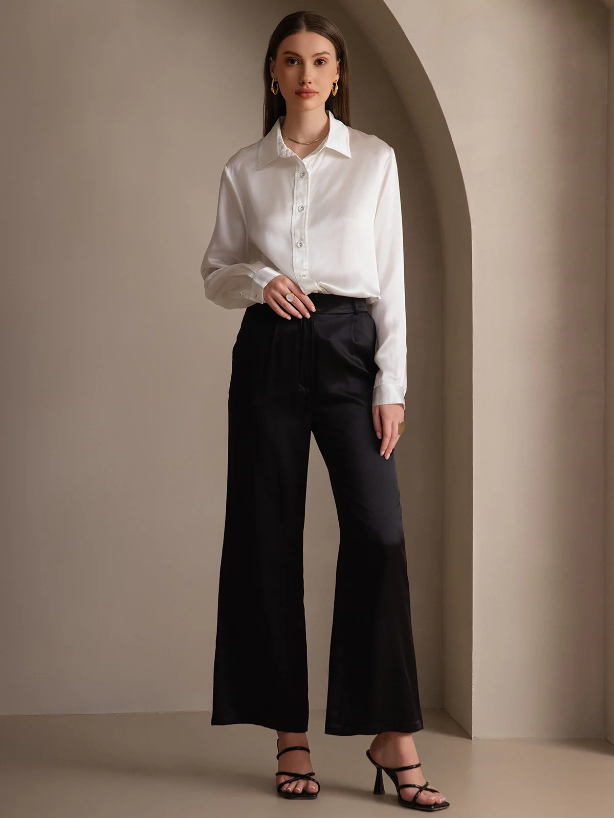 19Momme Silk Long Sleeve Lapel Collar Women's Shirt - Image 17