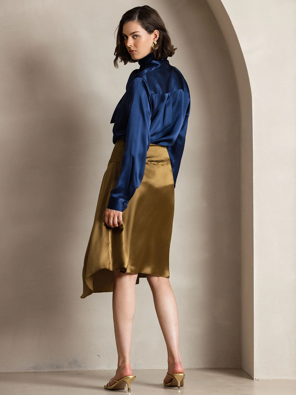 19Momme Silk Long Sleeve High Neck Bow Tie Blouse - Image 11