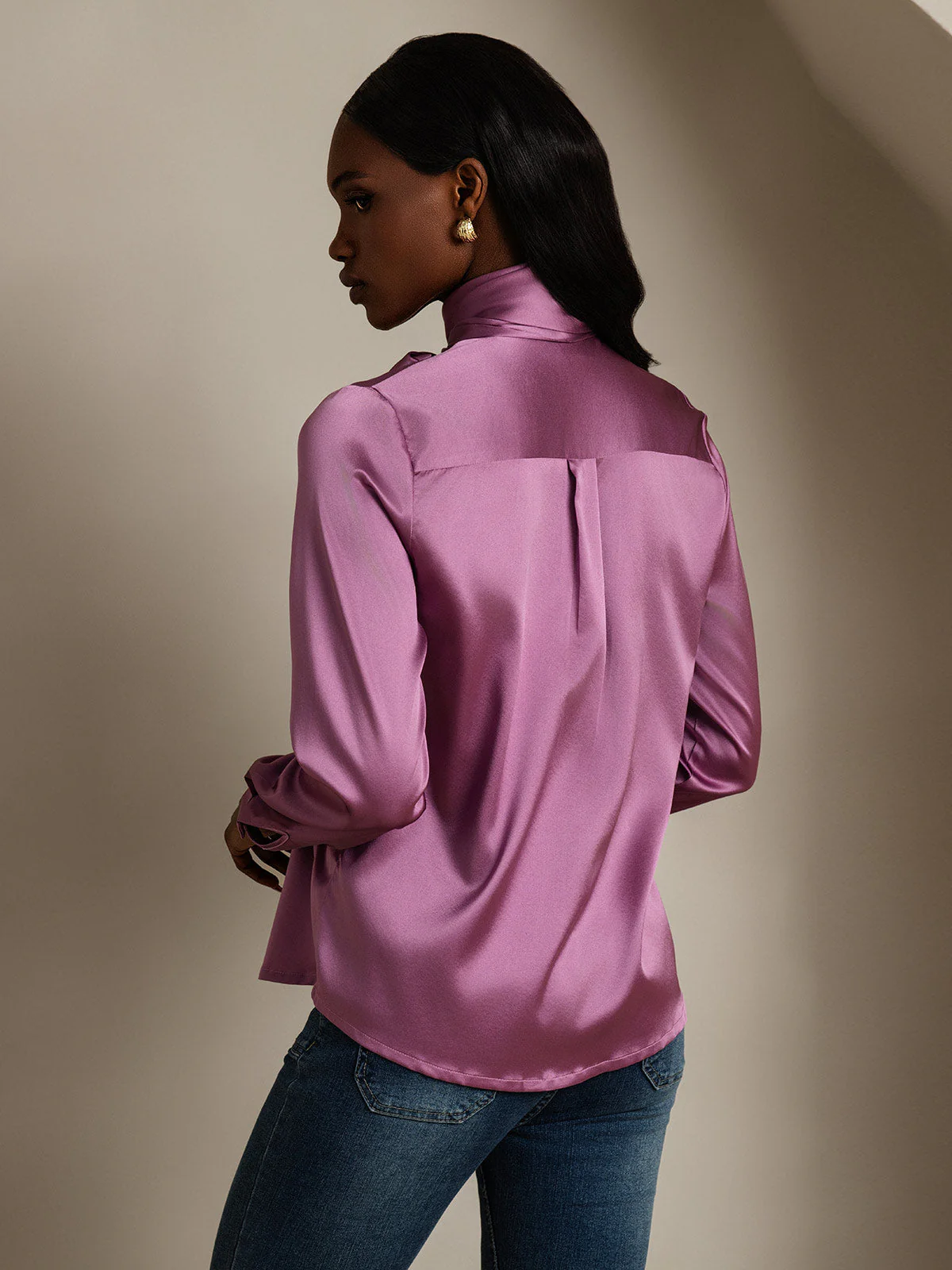 19Momme Silk Long Sleeve High Neck Bow Tie Blouse - Image 16