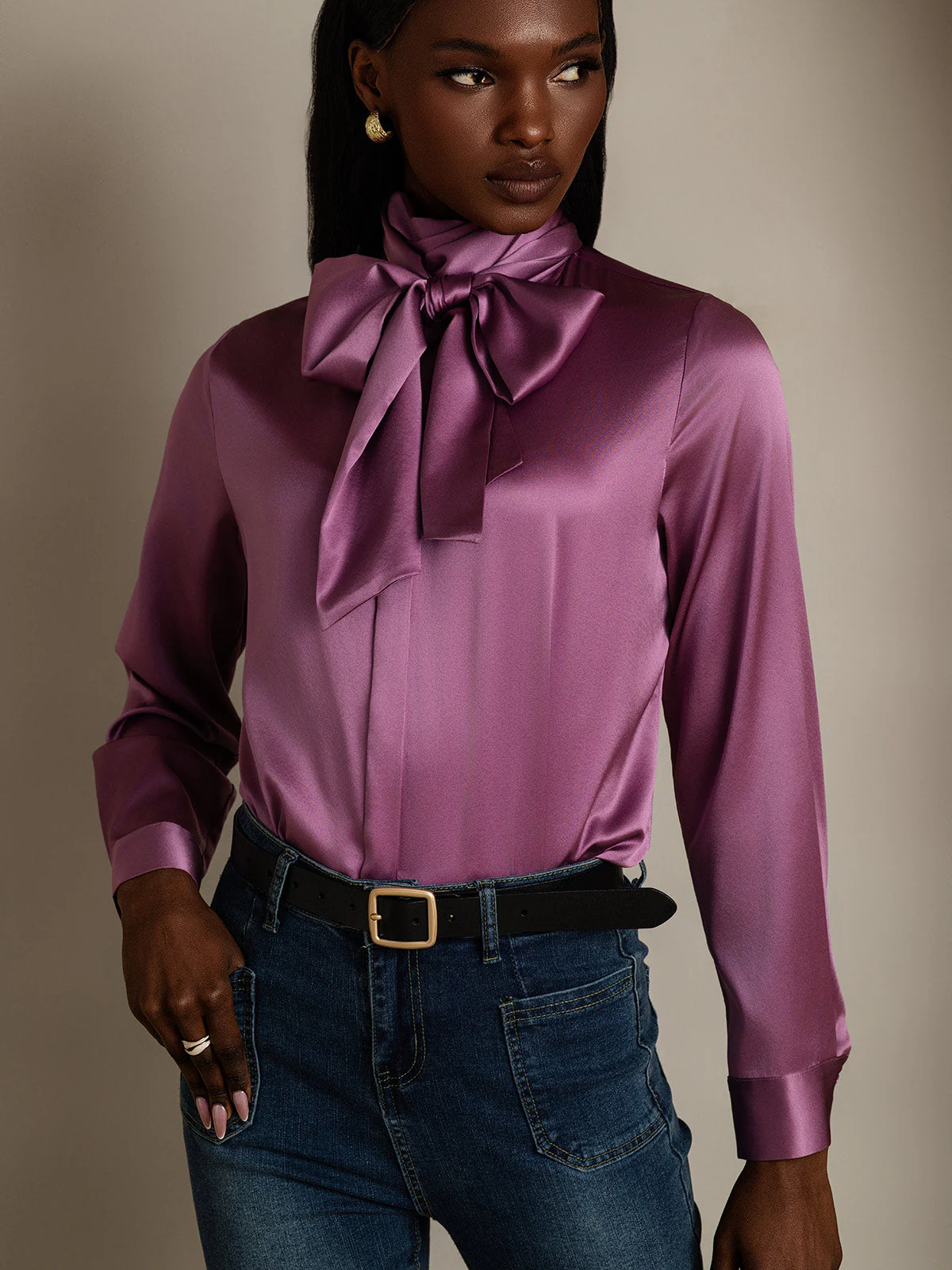 19Momme Silk Long Sleeve High Neck Bow Tie Blouse - Image 17