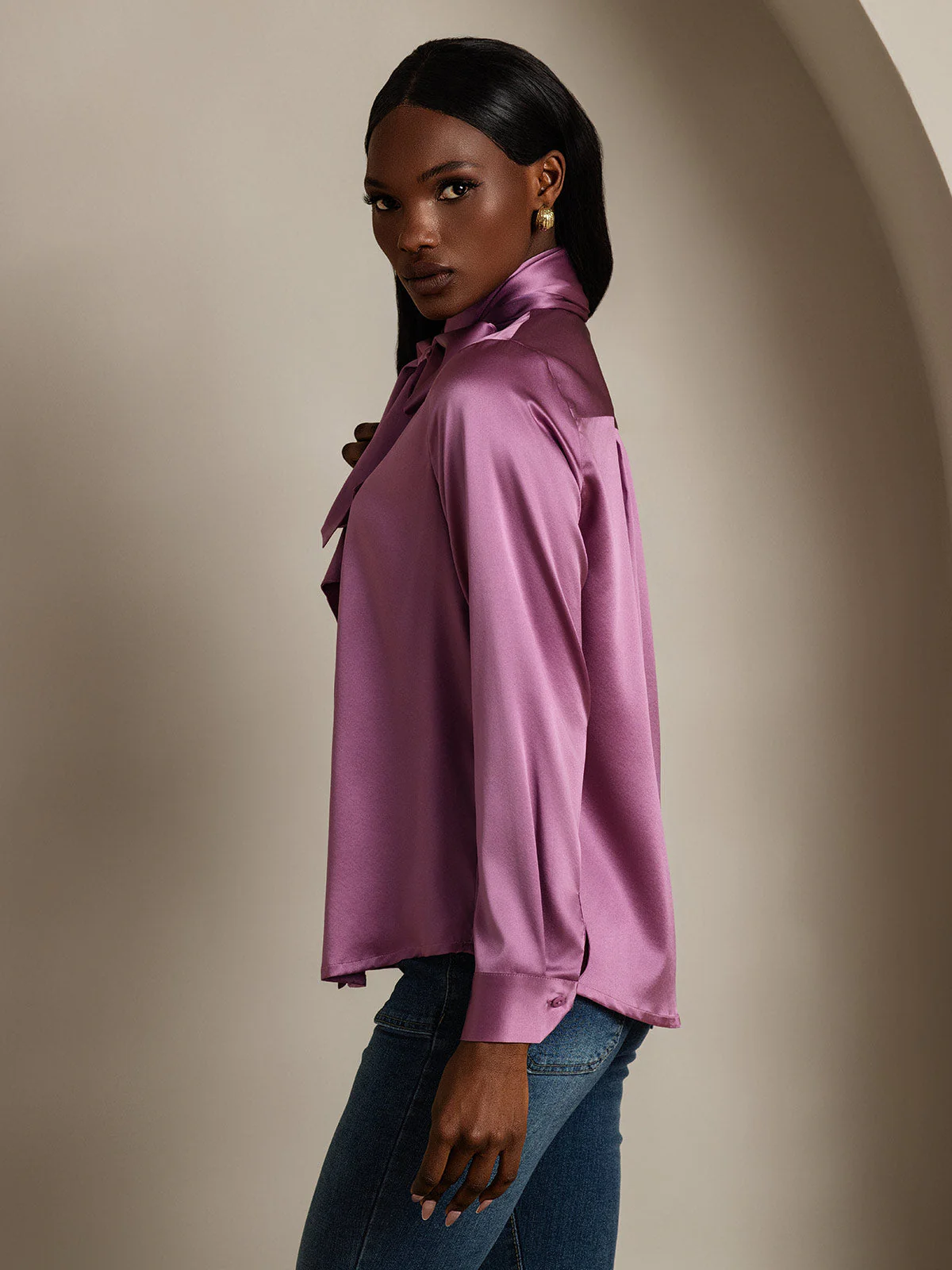 19Momme Silk Long Sleeve High Neck Bow Tie Blouse - Image 18