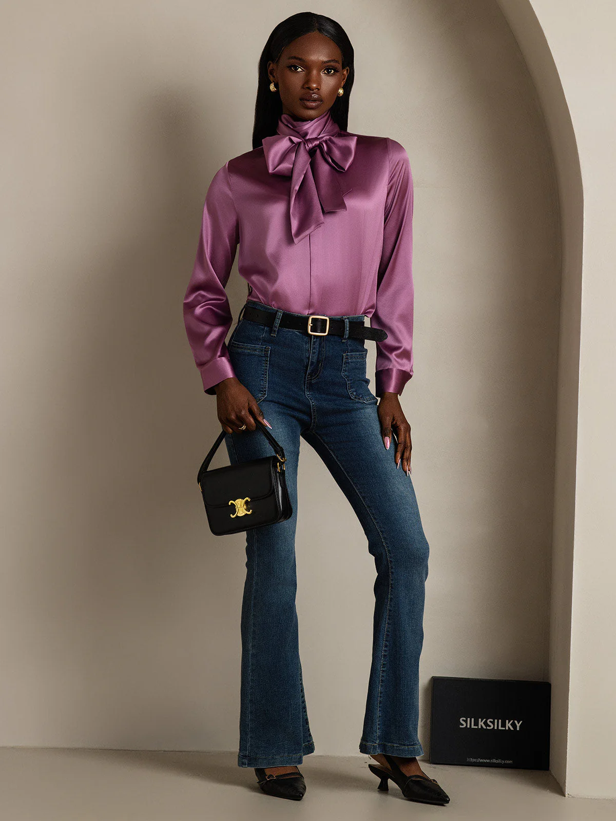 19Momme Silk Long Sleeve High Neck Bow Tie Blouse - Image 19