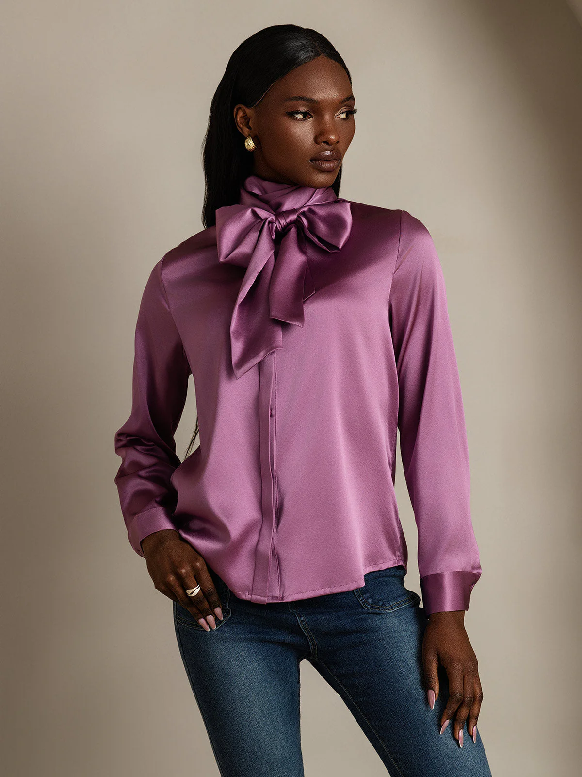 19Momme Silk Long Sleeve High Neck Bow Tie Blouse - Image 20