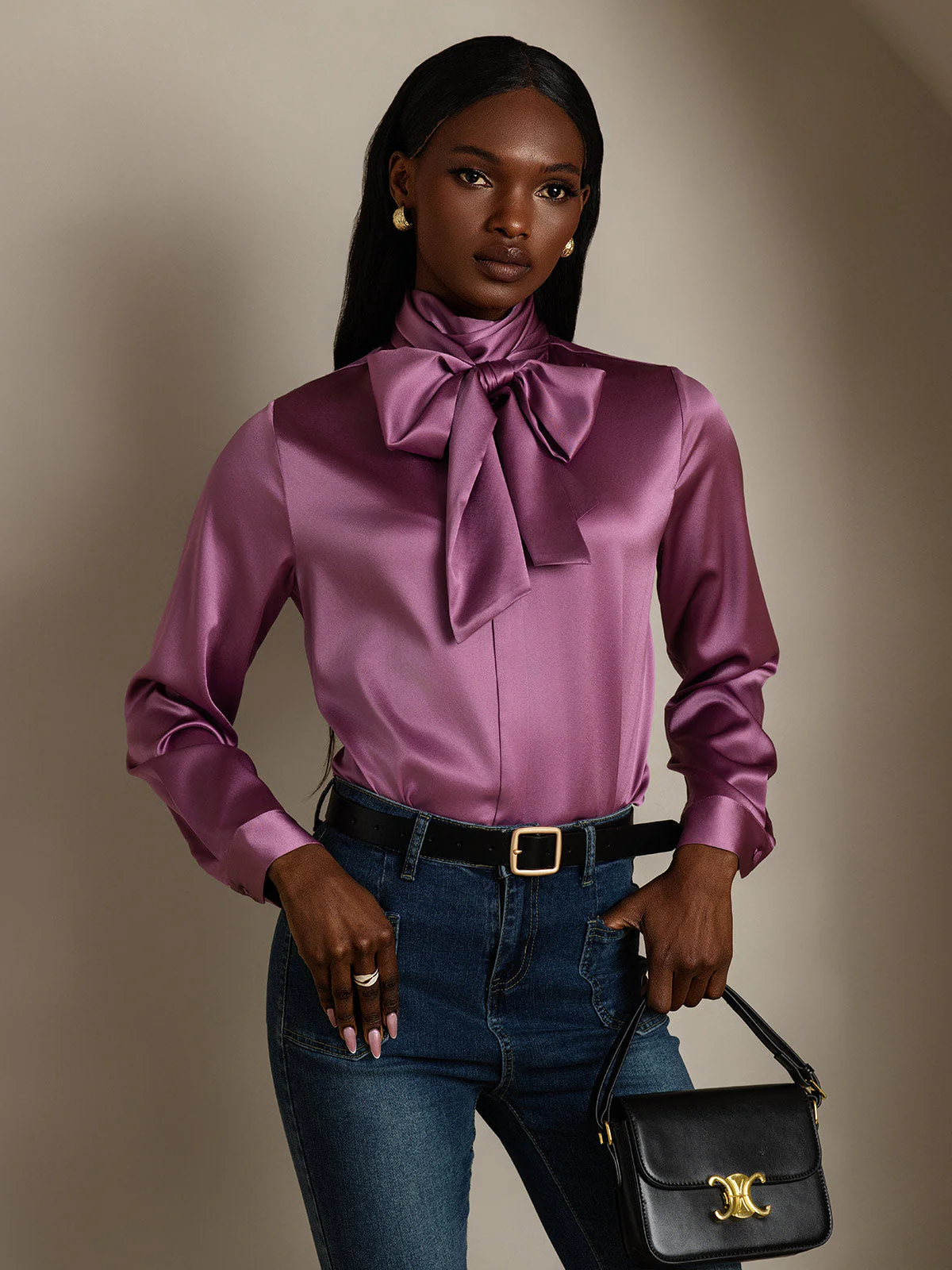 19Momme Silk Long Sleeve High Neck Bow Tie Blouse - Image 21