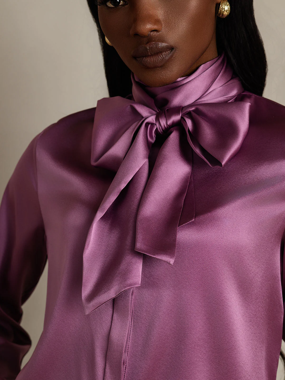 19Momme Silk Long Sleeve High Neck Bow Tie Blouse - Image 22