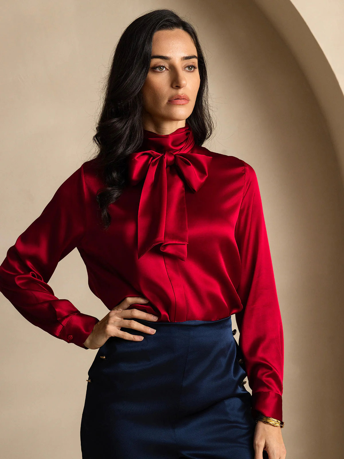 19Momme Silk Long Sleeve High Neck Bow Tie Blouse - Image 24